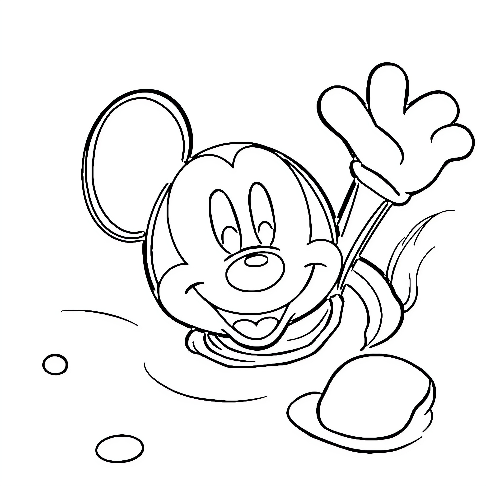 Mickey Mouse waving happily in a cartoon scene Coloring Page (free black-and-white line drawing printable PDF for all, from beginners to advanced learners, including children, teens, adults, and seniors)