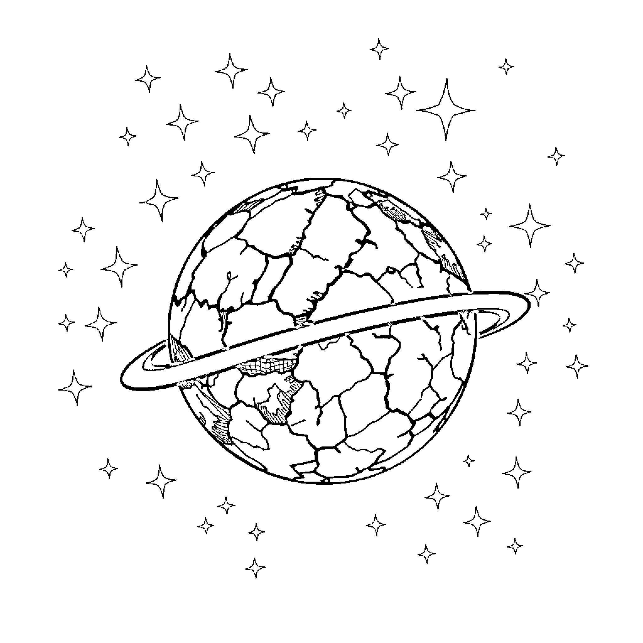 Earth surrounded by shining stars in space Coloring Page (free black-and-white line drawing printable PDF for all, from beginners to advanced learners, including children, teens, adults, and seniors)
