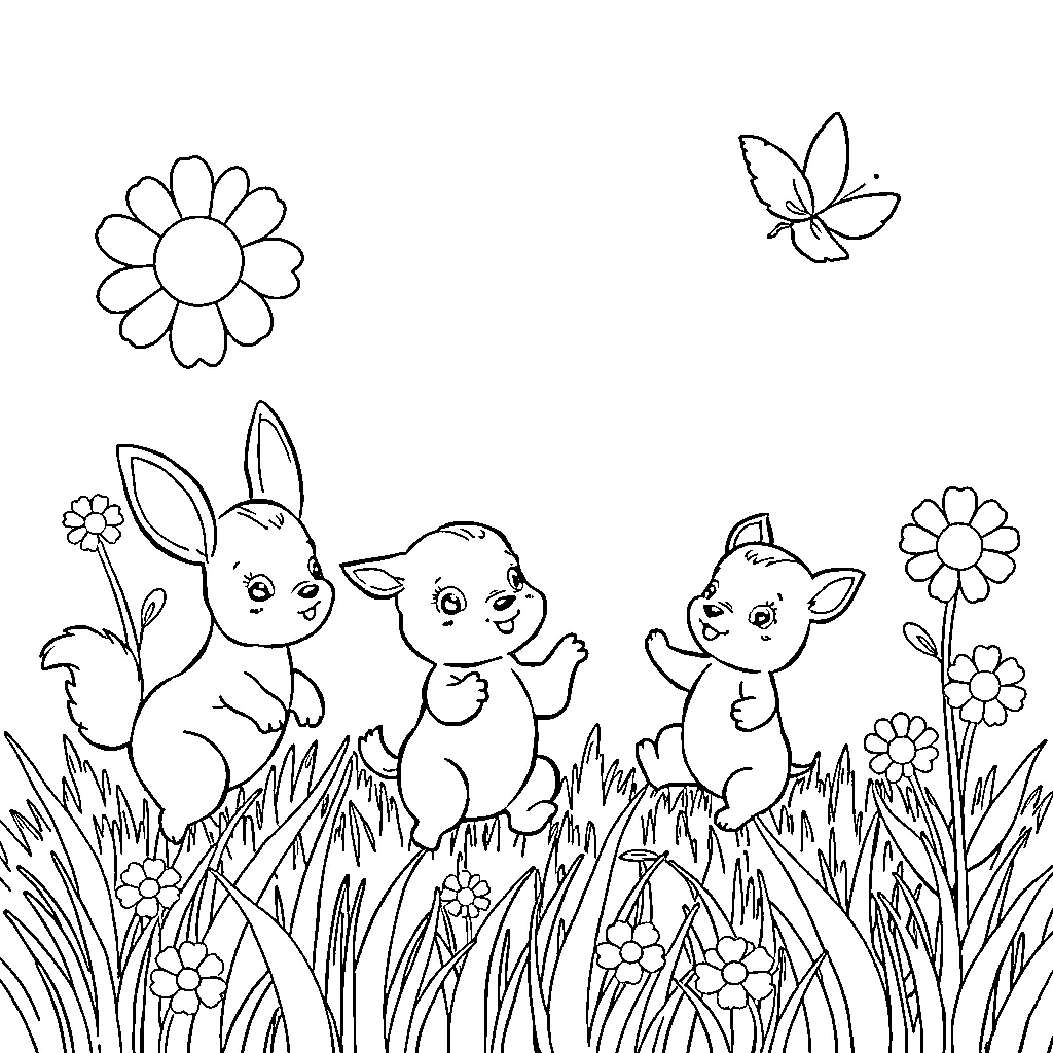 Animal Friends Frolicking in the Meadow Coloring Page (free black-and-white line drawing printable PDF for all, from beginners to advanced learners, including children, teens, adults, and seniors)