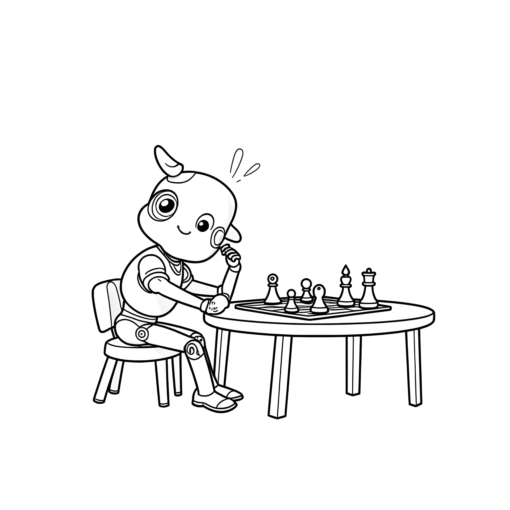 NeuroSama playing chess on a table Coloring Page (free black-and-white line drawing printable PDF for all, from beginners to advanced learners, including children, teens, adults, and seniors)