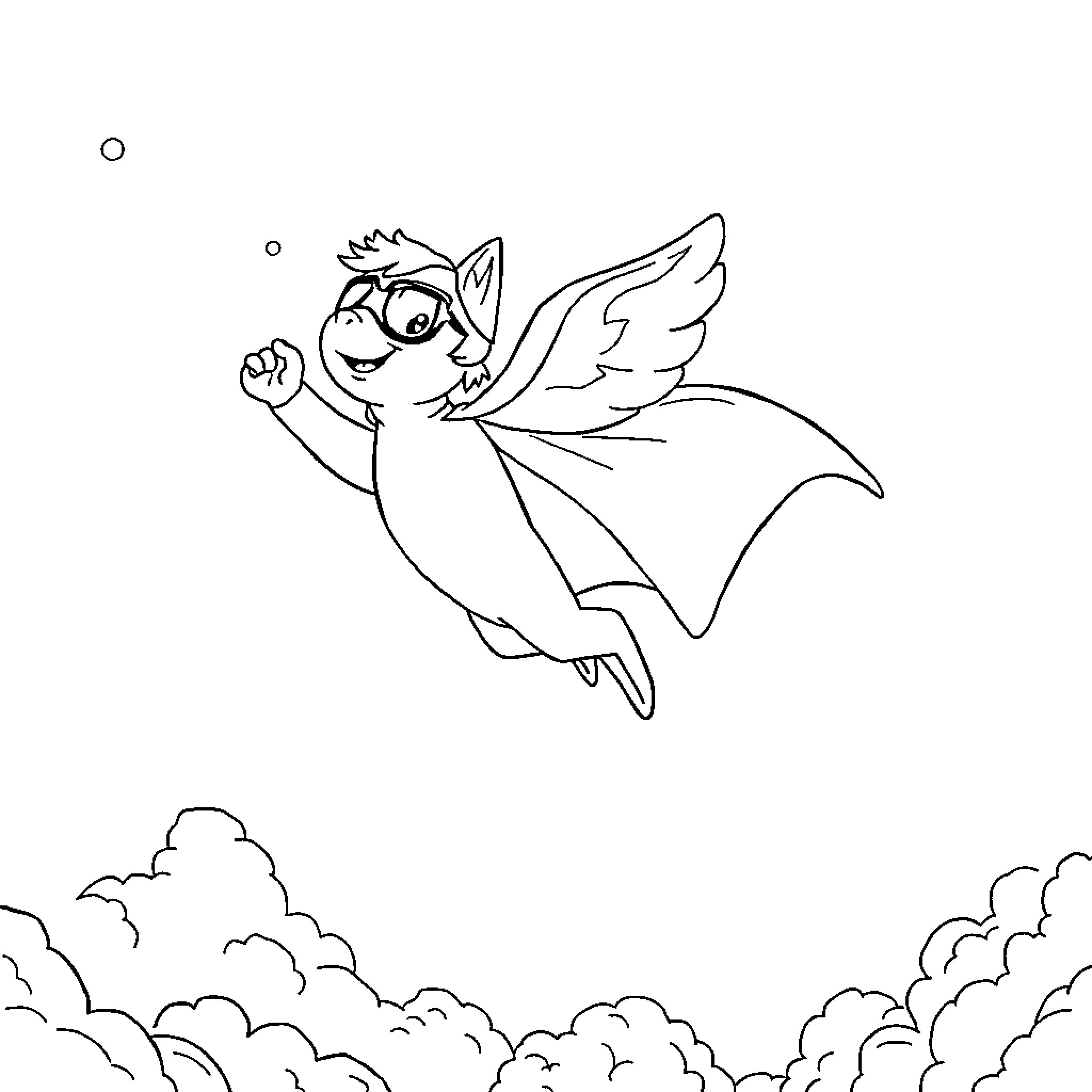 Capybara flying happily through the clouds Coloring Page (free black-and-white line drawing printable PDF for all, from beginners to advanced learners, including children, teens, adults, and seniors)
