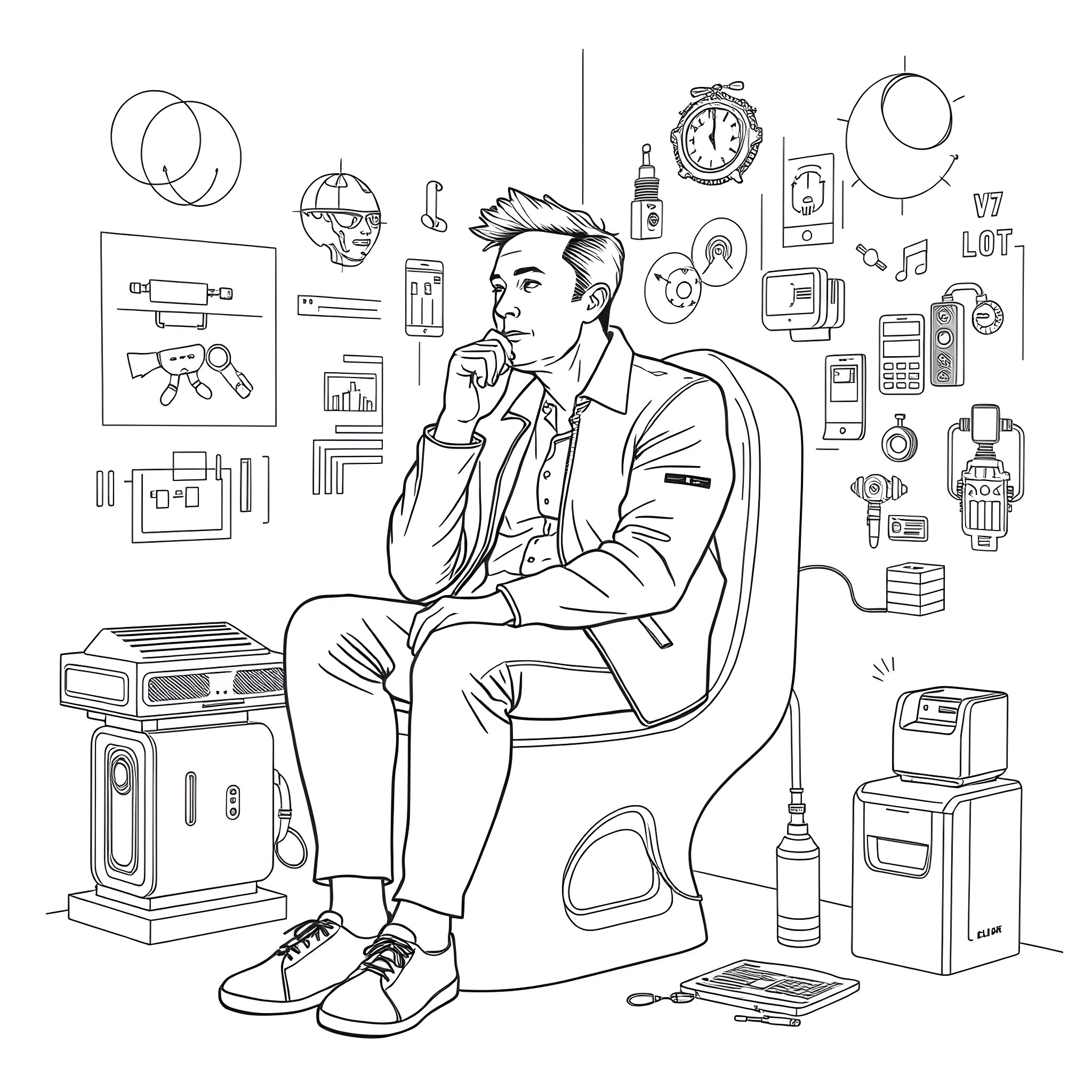 Elon Musk surrounded by office gadgets and technology Coloring Page (free black-and-white line drawing printable PDF for all, from beginners to advanced learners, including children, teens, adults, and seniors)