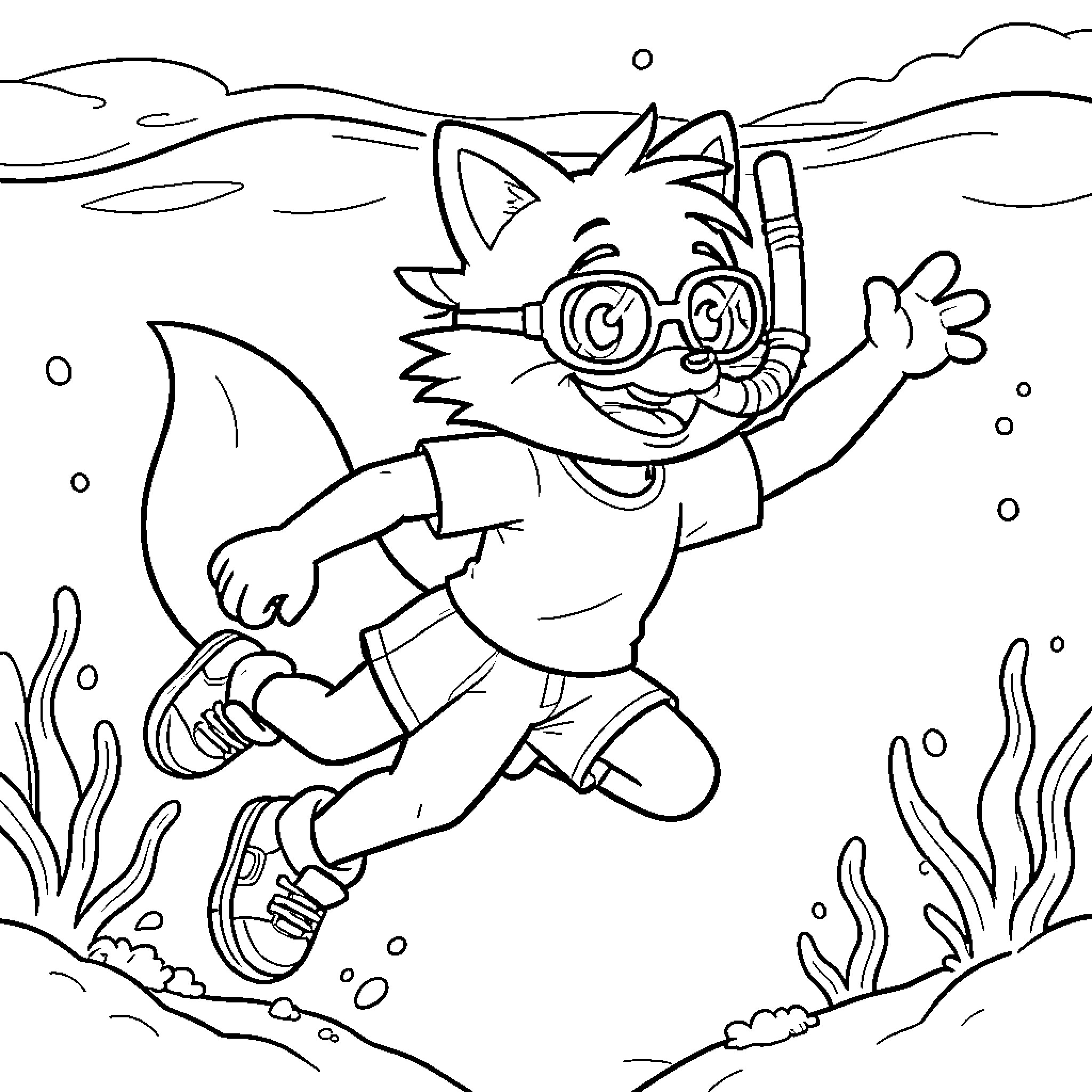 Tails swimming underwater wearing scuba gear and goggles Coloring Page (free black-and-white line drawing printable PDF for all, from beginners to advanced learners, including children, teens, adults, and seniors)