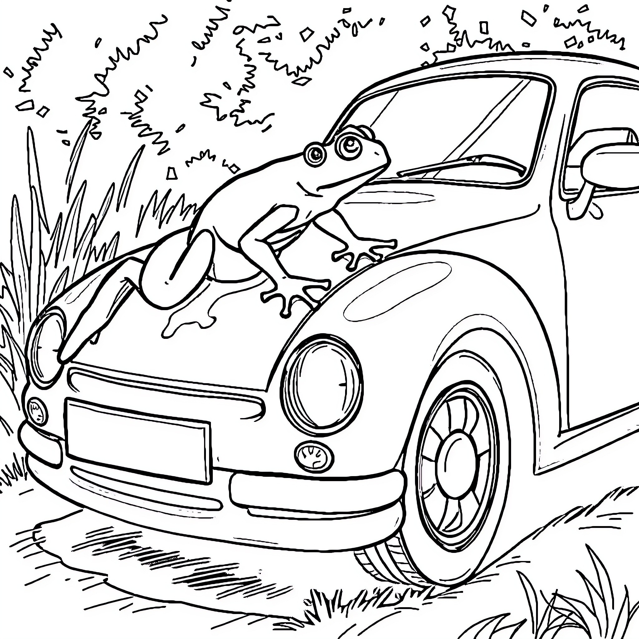 Frog enjoying a ride on a vintage car Coloring Page (free black-and-white line drawing printable PDF for all, from beginners to advanced learners, including children, teens, adults, and seniors)