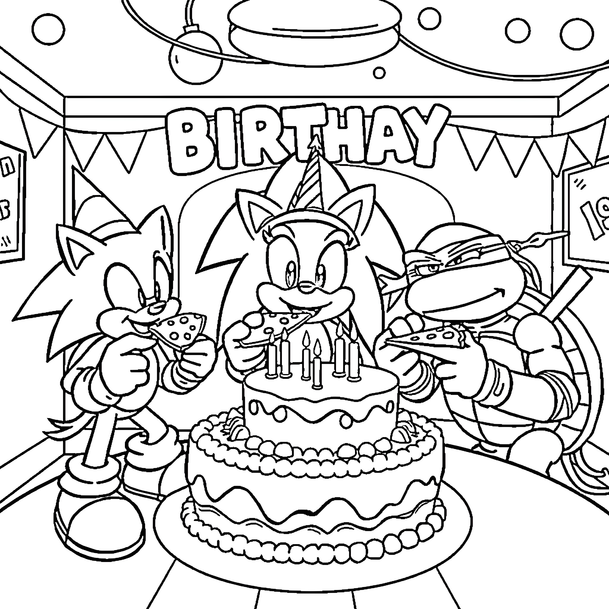 Sonic Characters Celebrating a Birthday Party Coloring Page (free black-and-white line drawing printable PDF for all, from beginners to advanced learners, including children, teens, adults, and seniors)