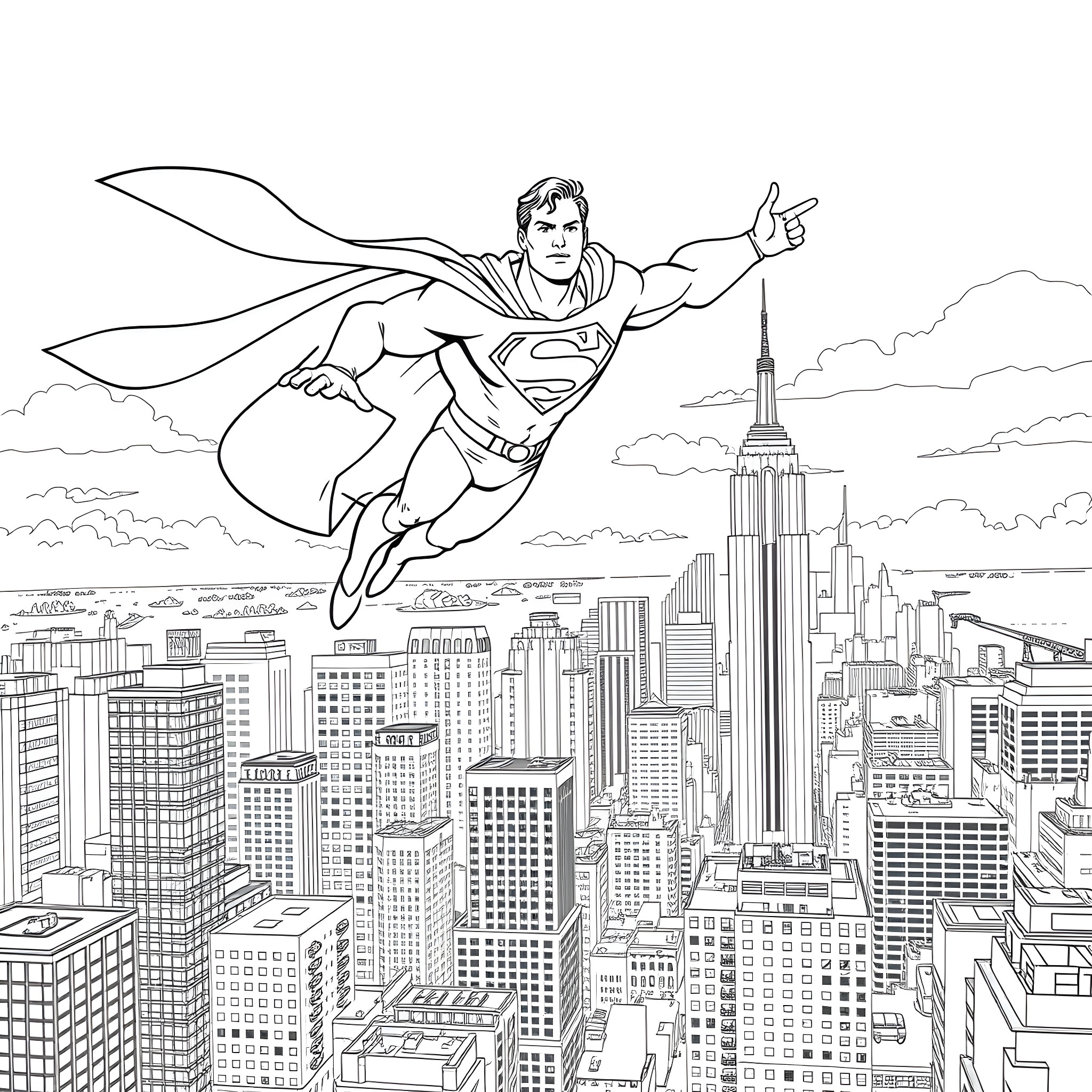 Superman soaring over the city skyline Coloring Page (free black-and-white line drawing printable PDF for all, from beginners to advanced learners, including children, teens, adults, and seniors)