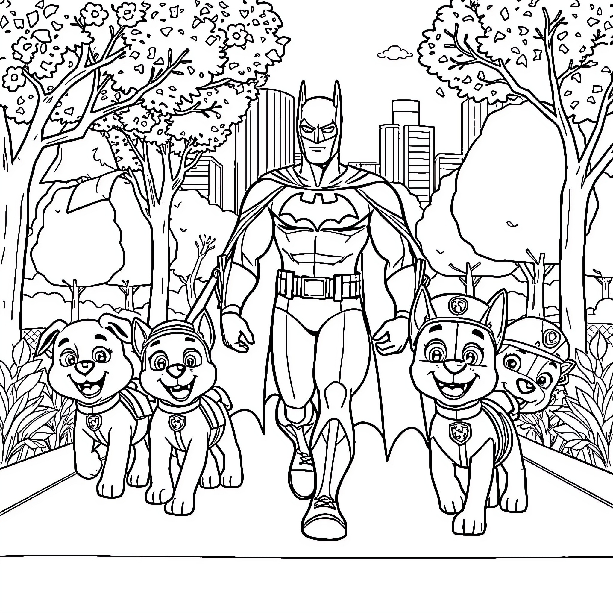 Batman and his Puppy Companions in the City Park Coloring Page (free black-and-white line drawing printable PDF for all, from beginners to advanced learners, including children, teens, adults, and seniors)
