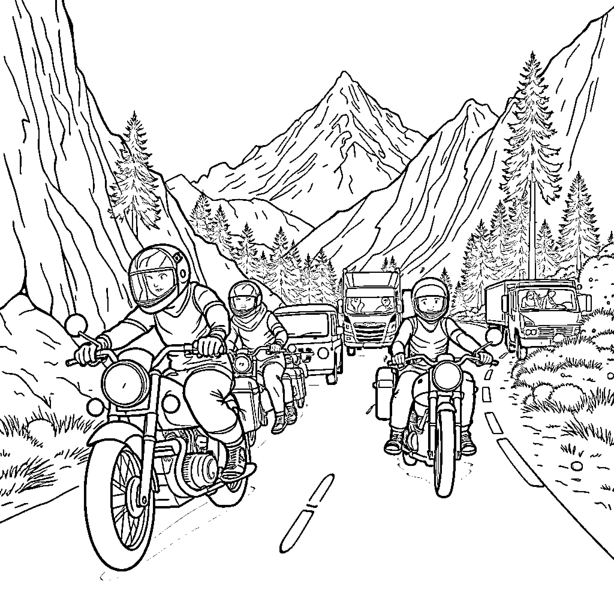 Tiranosaurio Rex on a Motorcycle Adventure in the Mountains Coloring Page (free black-and-white line drawing printable PDF for all, from beginners to advanced learners, including children, teens, adults, and seniors)