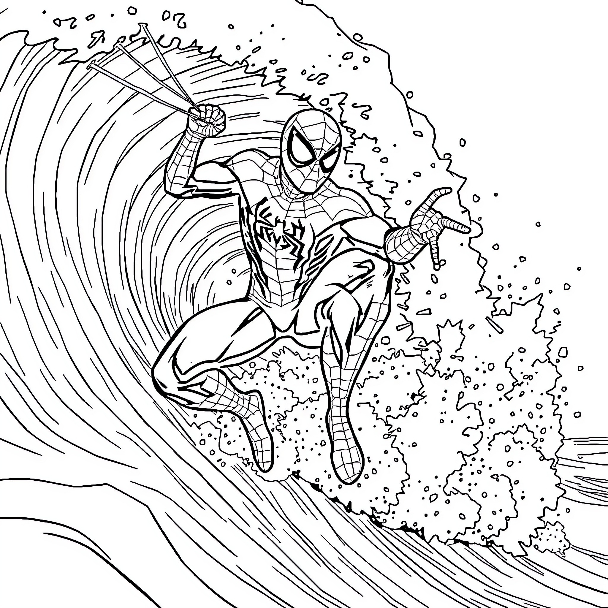 Spiderman surfing the wave of action Coloring Page (free black-and-white line drawing printable PDF for all, from beginners to advanced learners, including children, teens, adults, and seniors)