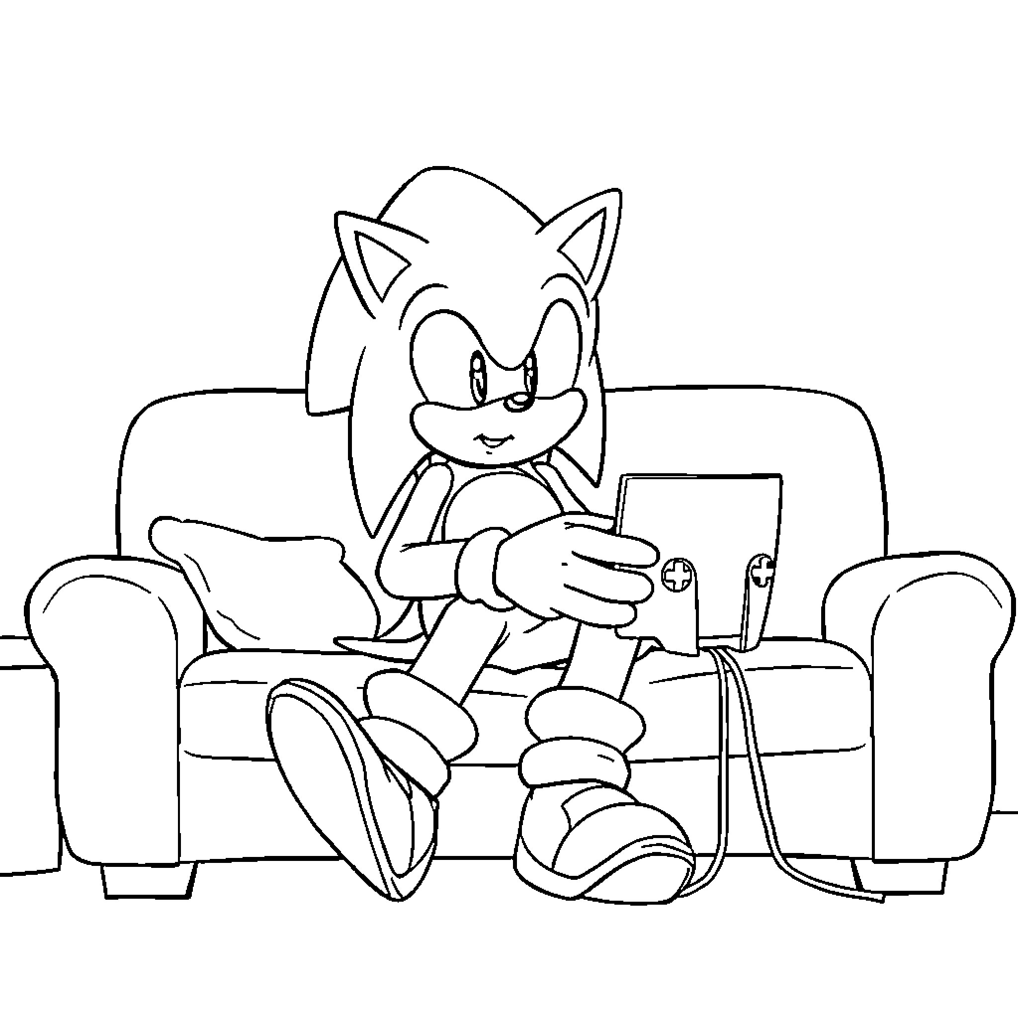 Sonic gaming enthusiastically on the couch Coloring Page (free black-and-white line drawing printable PDF for all, from beginners to advanced learners, including children, teens, adults, and seniors)