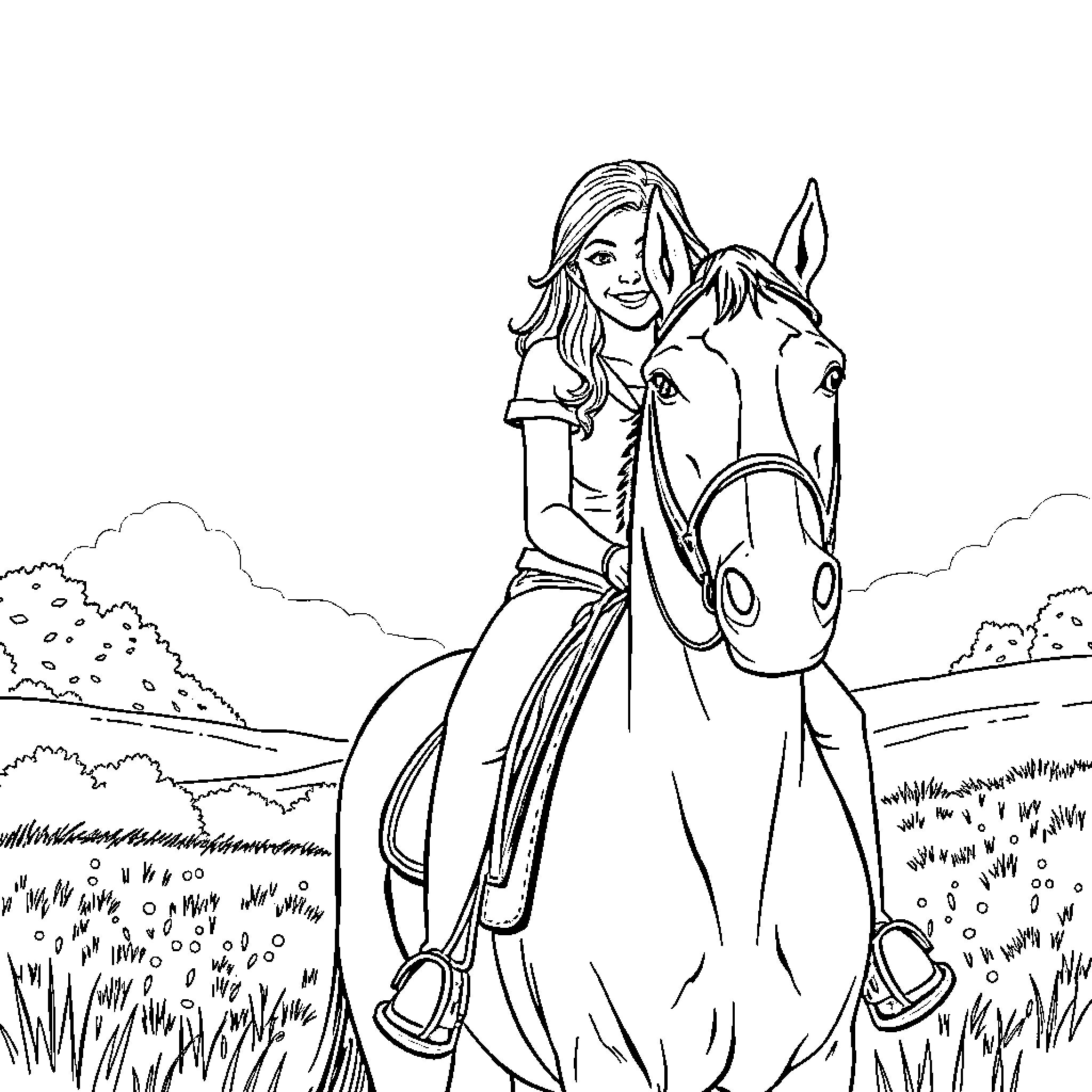 Lorelei Gilmore riding a horse in a serene meadow Coloring Page (free black-and-white line drawing printable PDF for all, from beginners to advanced learners, including children, teens, adults, and seniors)