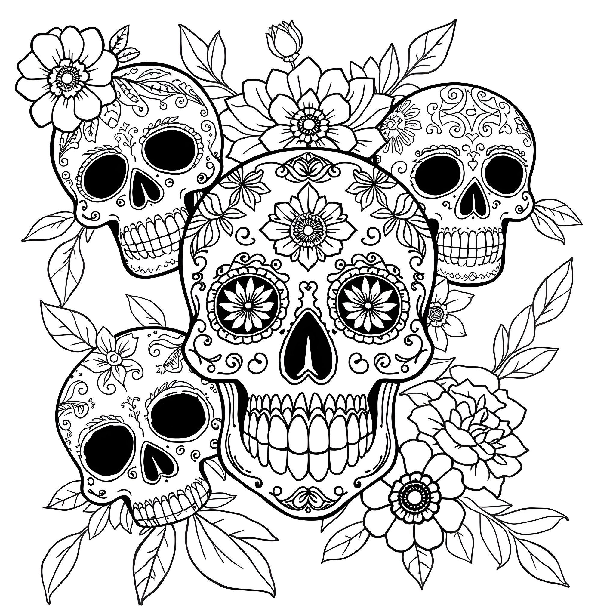 Sugar Skull Decorated with Flowers and Leaves Coloring Page (free black-and-white line drawing printable PDF for all, from beginners to advanced learners, including children, teens, adults, and seniors)