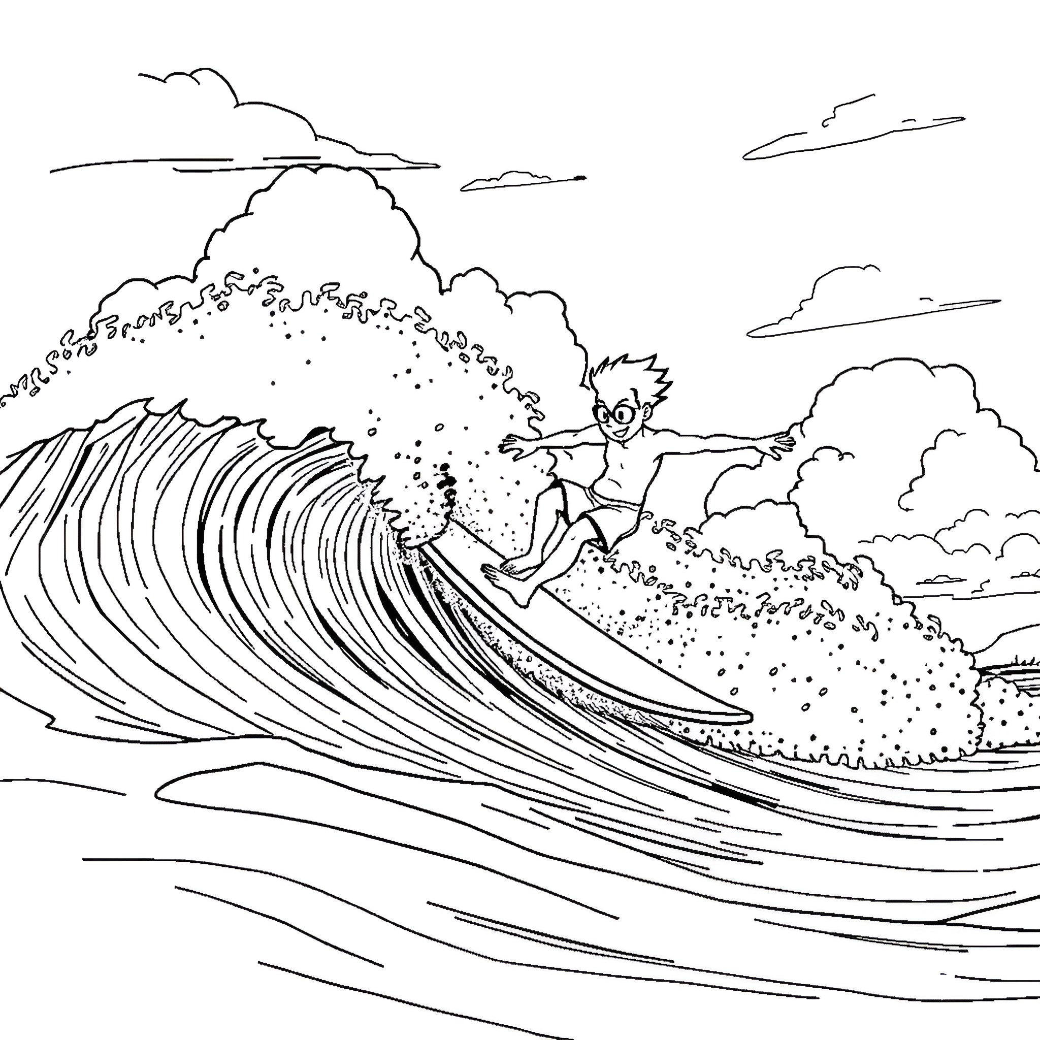 Bluey surfing the big wave in the ocean Coloring Page (free black-and-white line drawing printable PDF for all, from beginners to advanced learners, including children, teens, adults, and seniors)
