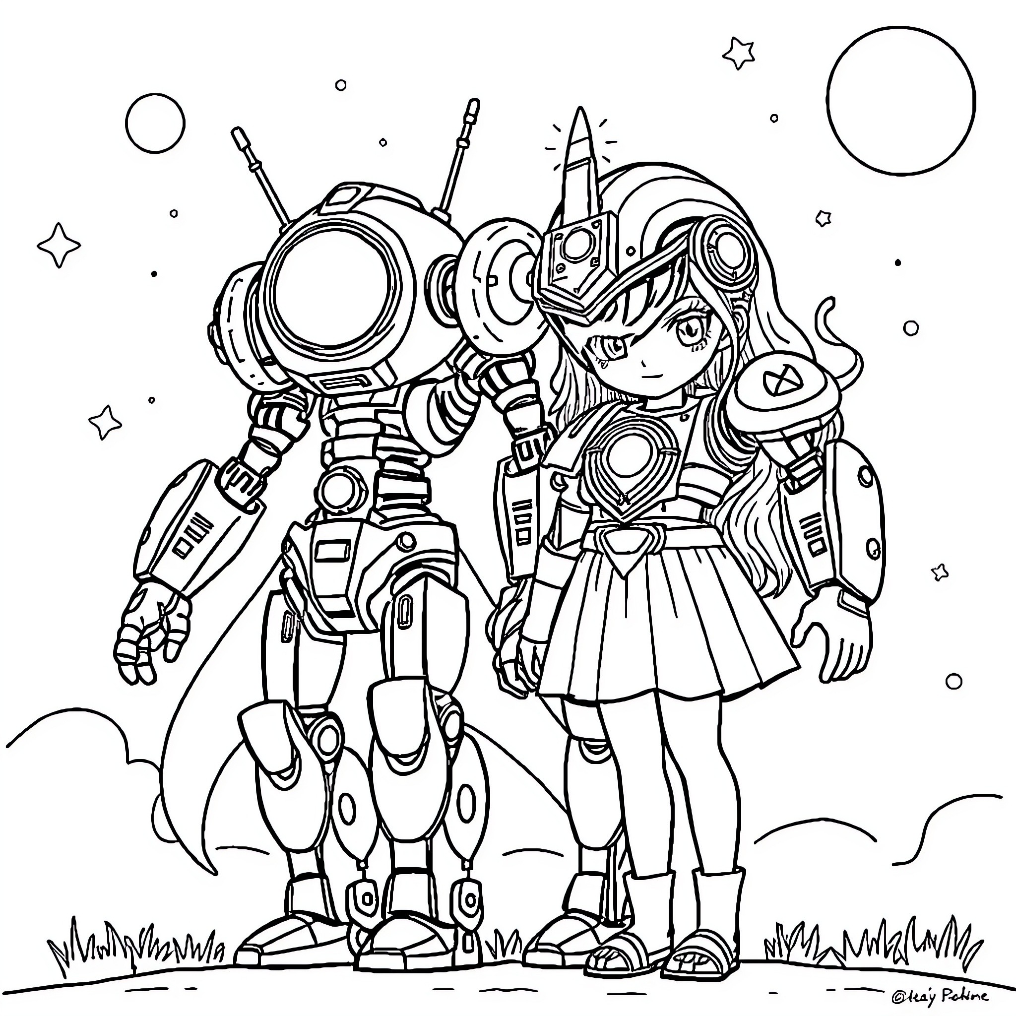 Luna's Space Adventure with Futuristic Companion Coloring Page (free black-and-white line drawing printable PDF for all, from beginners to advanced learners, including children, teens, adults, and seniors)