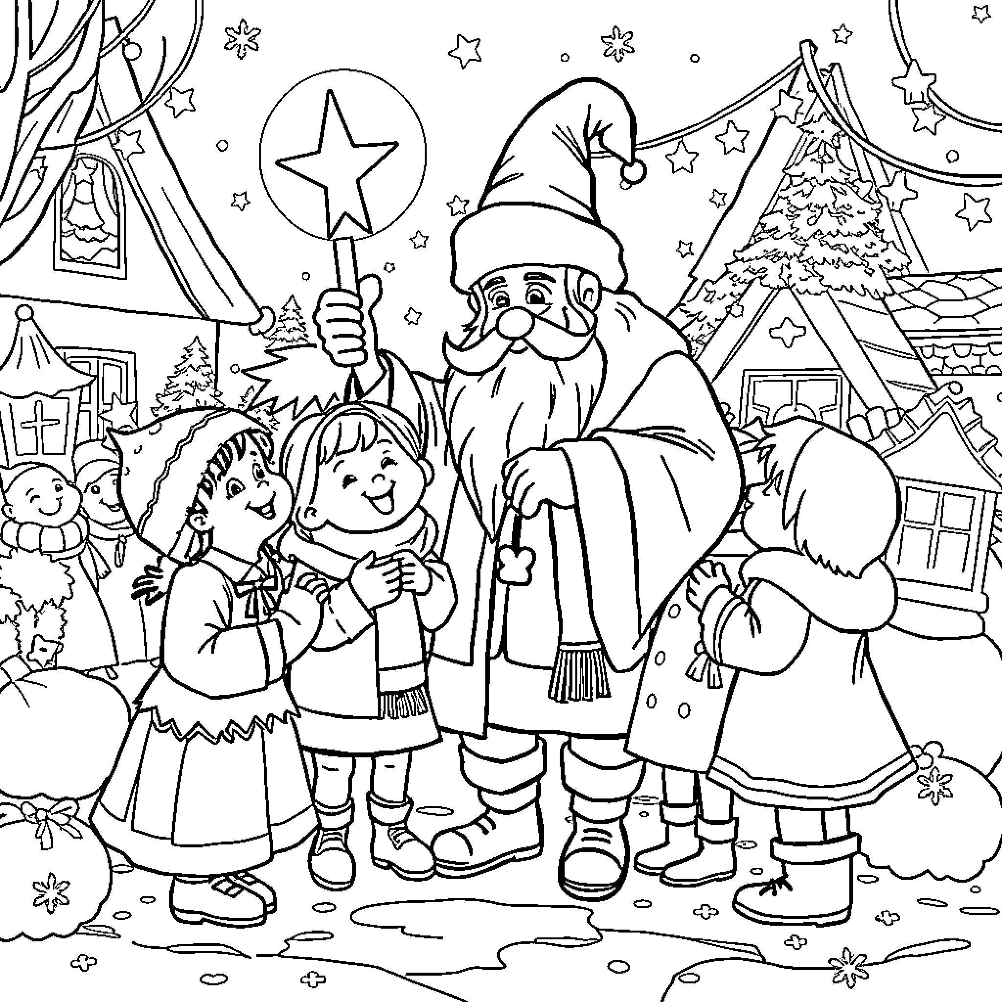 Bumba's Winter Wonderland Adventure Coloring Page (free black-and-white line drawing printable PDF for all, from beginners to advanced learners, including children, teens, adults, and seniors)