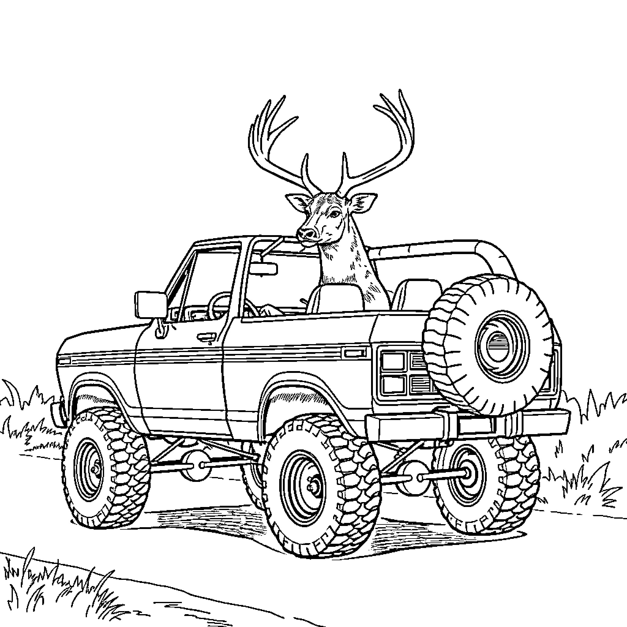 Deer riding a lifted off-road vehicle Coloring Page (free black-and-white line drawing printable PDF for all, from beginners to advanced learners, including children, teens, adults, and seniors)