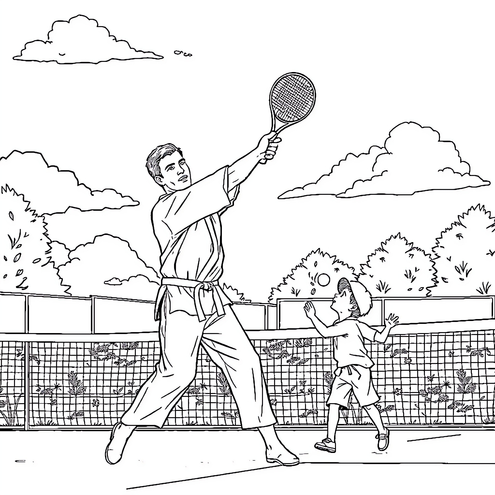 Judoka players engaged in a tennis match Coloring Page (free black-and-white line drawing printable PDF for all, from beginners to advanced learners, including children, teens, adults, and seniors)