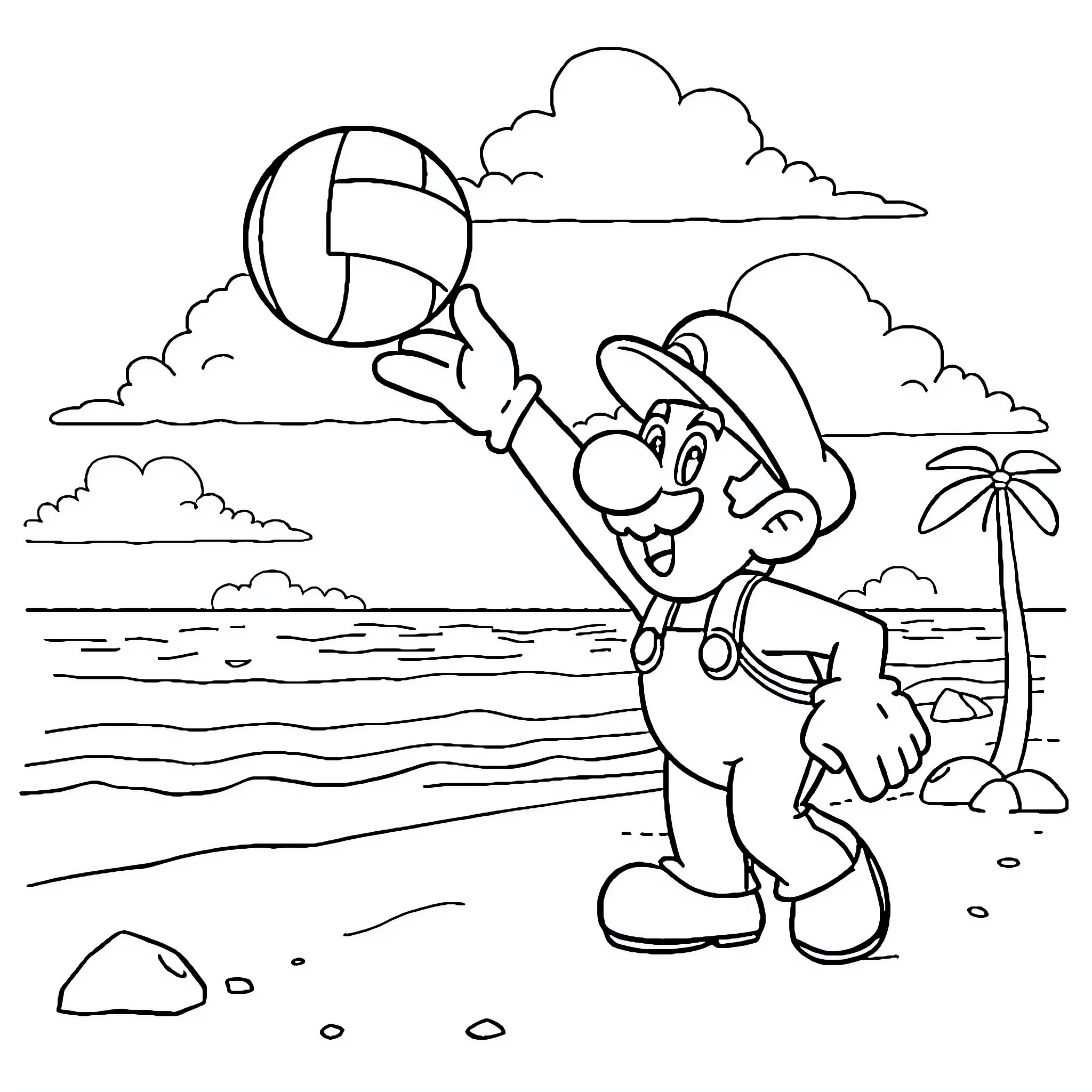 Super Mario Playing Beach Volleyball in Paradise Coloring Page (free black-and-white line drawing printable PDF for all, from beginners to advanced learners, including children, teens, adults, and seniors)