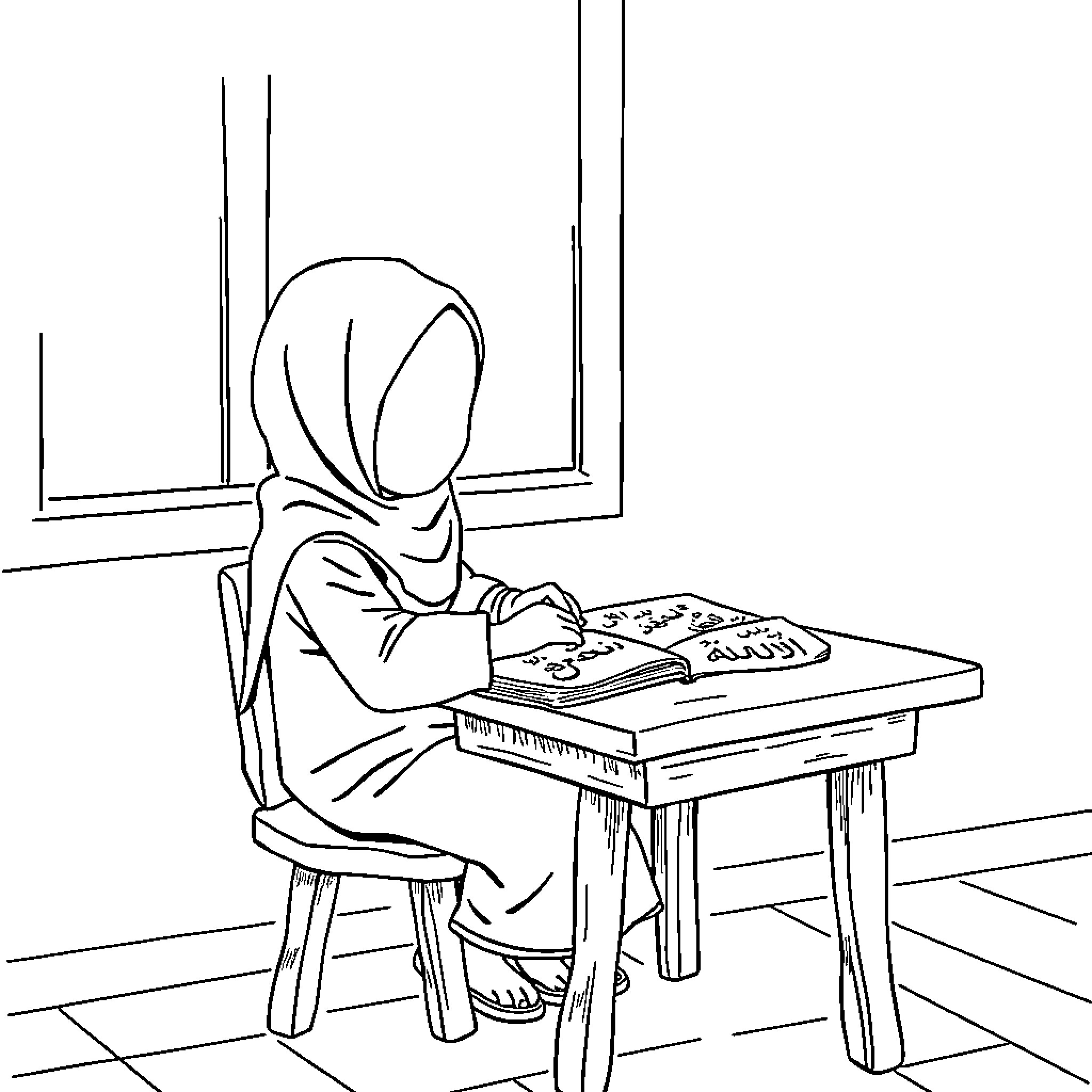 Child studying diligently at desk Coloring Page (free black-and-white line drawing printable PDF for all, from beginners to advanced learners, including children, teens, adults, and seniors)