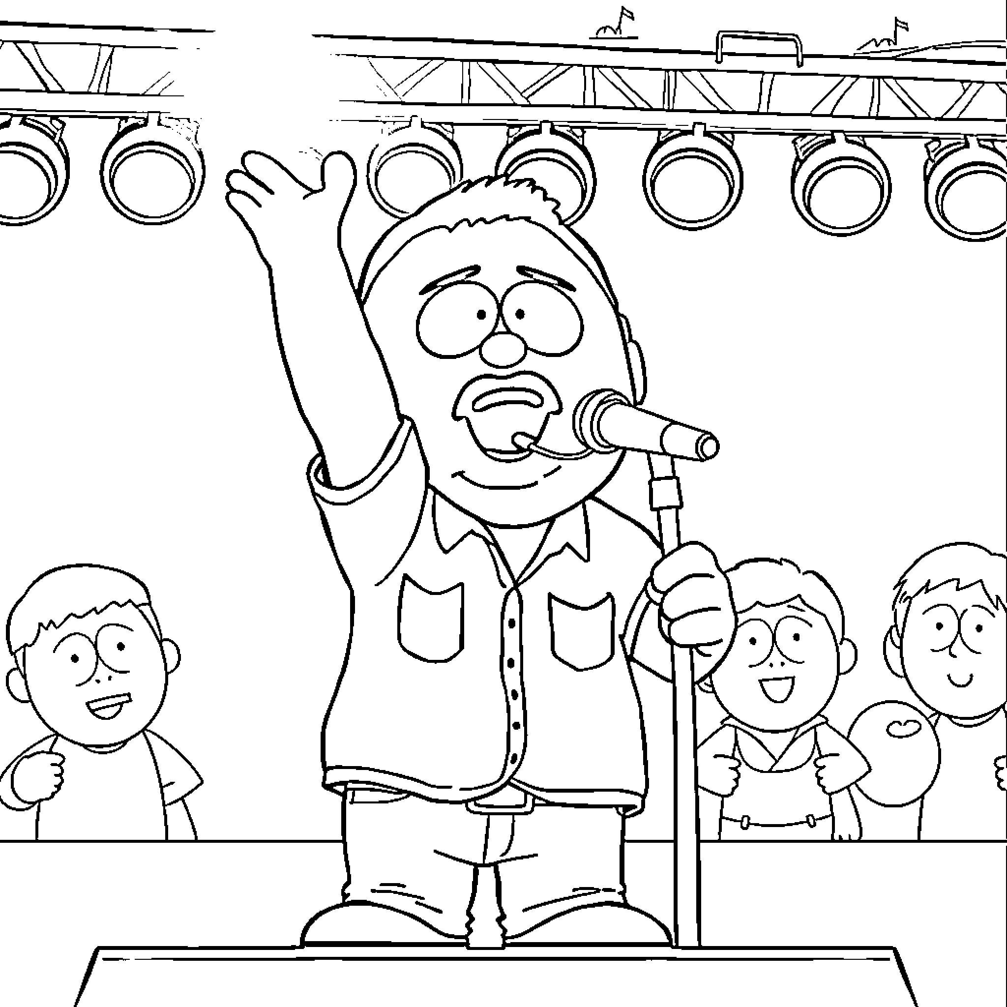 Randy performing for a crowd Coloring Page (free black-and-white line drawing printable PDF for all, from beginners to advanced learners, including children, teens, adults, and seniors)