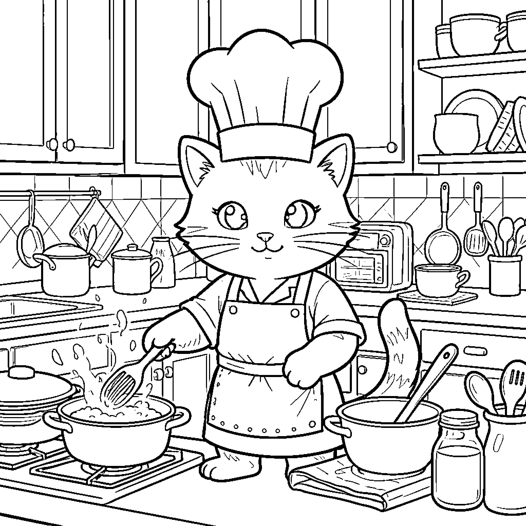 Cat chef cooking in the kitchen Coloring Page (free black-and-white line drawing printable PDF for all, from beginners to advanced learners, including children, teens, adults, and seniors)