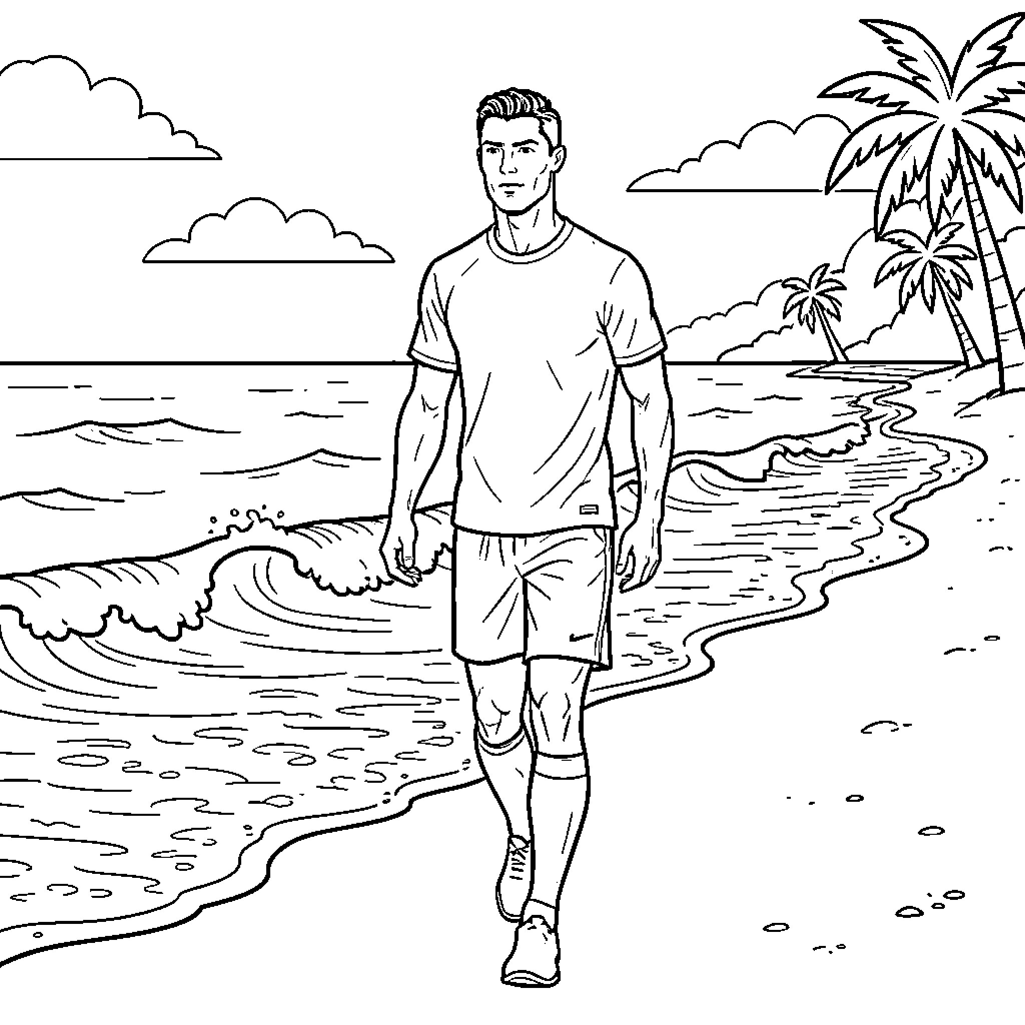 Ronaldo walking confidently along a sunny tropical beach Coloring Page (free black-and-white line drawing printable PDF for all, from beginners to advanced learners, including children, teens, adults, and seniors)