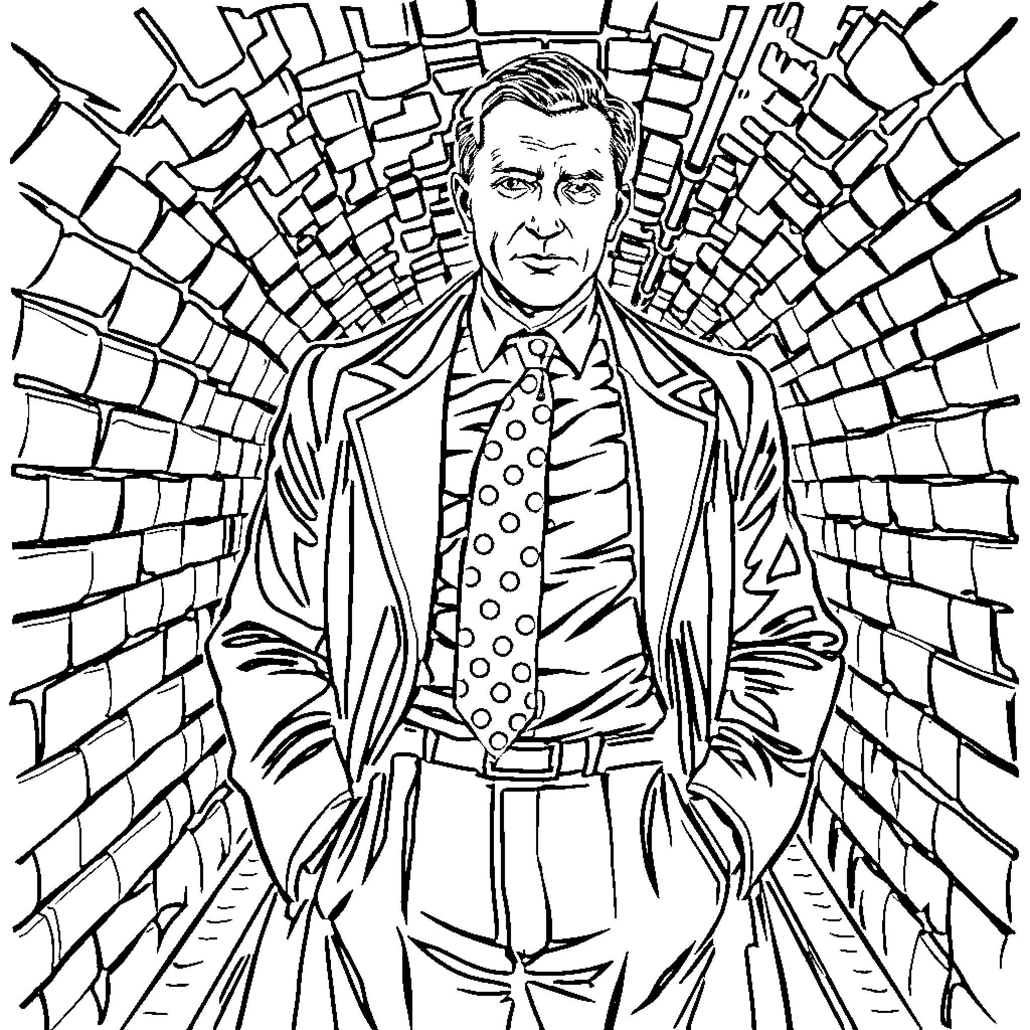 Man standing confidently in an abstract pattern setting Coloring Page (free black-and-white line drawing printable PDF for all, from beginners to advanced learners, including children, teens, adults, and seniors)
