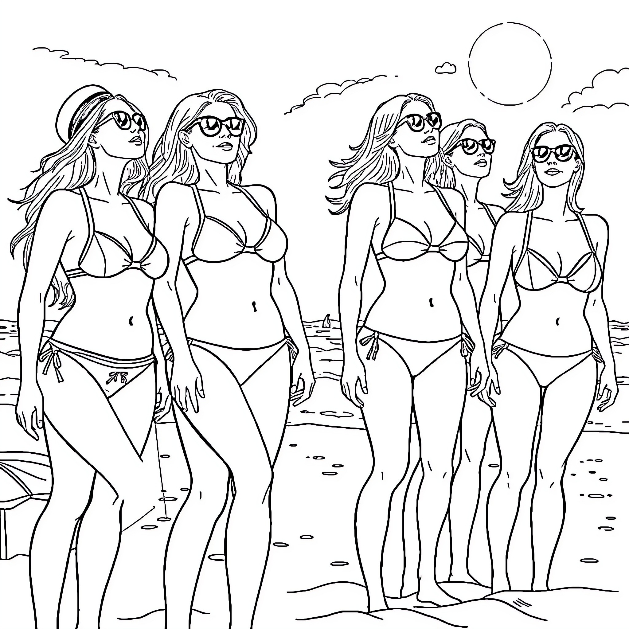 Women enjoying beach day in swimsuits Coloring Page (free black-and-white line drawing printable PDF for all, from beginners to advanced learners, including children, teens, adults, and seniors)