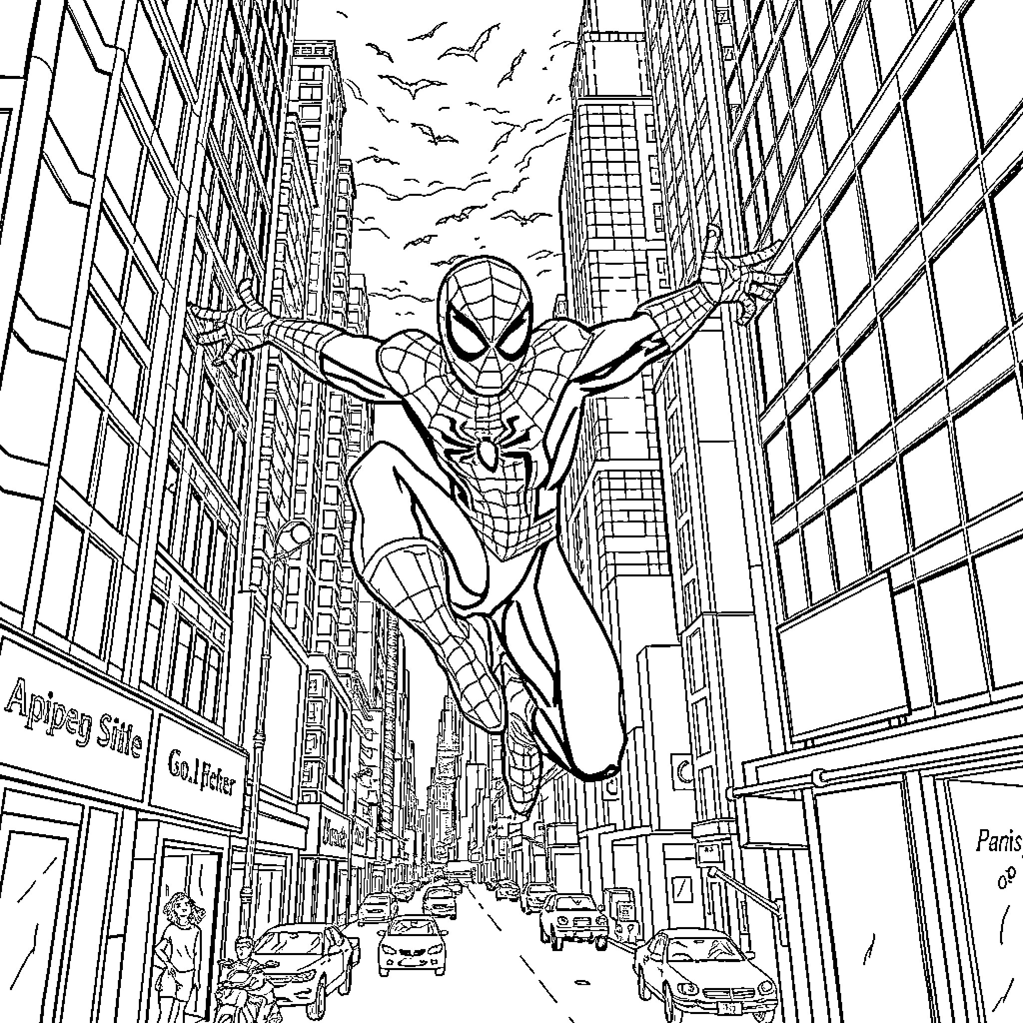 Spiderman swinging through the city skyscrapers Coloring Page (free black-and-white line drawing printable PDF for all, from beginners to advanced learners, including children, teens, adults, and seniors)