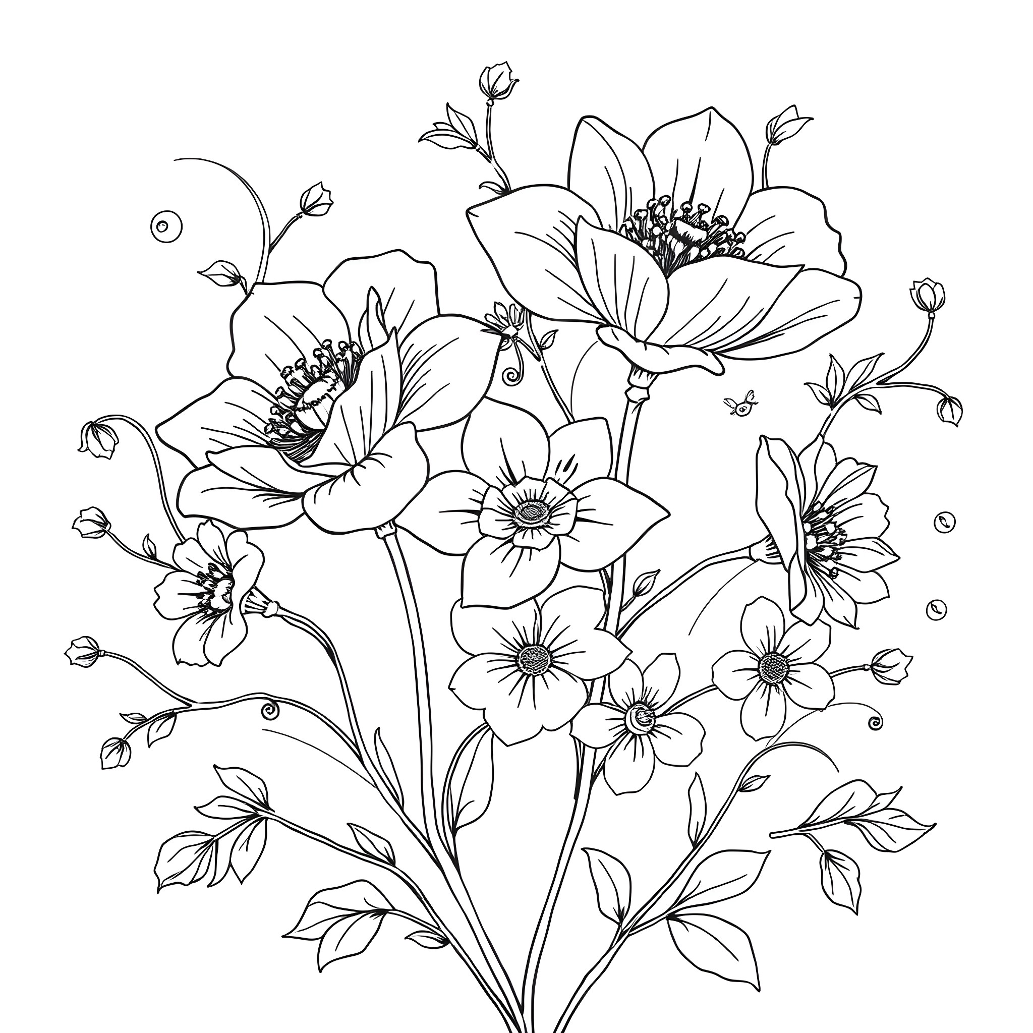 Flower bouquet with blooming flowers in outline Coloring Page (free black-and-white line drawing printable PDF for all, from beginners to advanced learners, including children, teens, adults, and seniors)