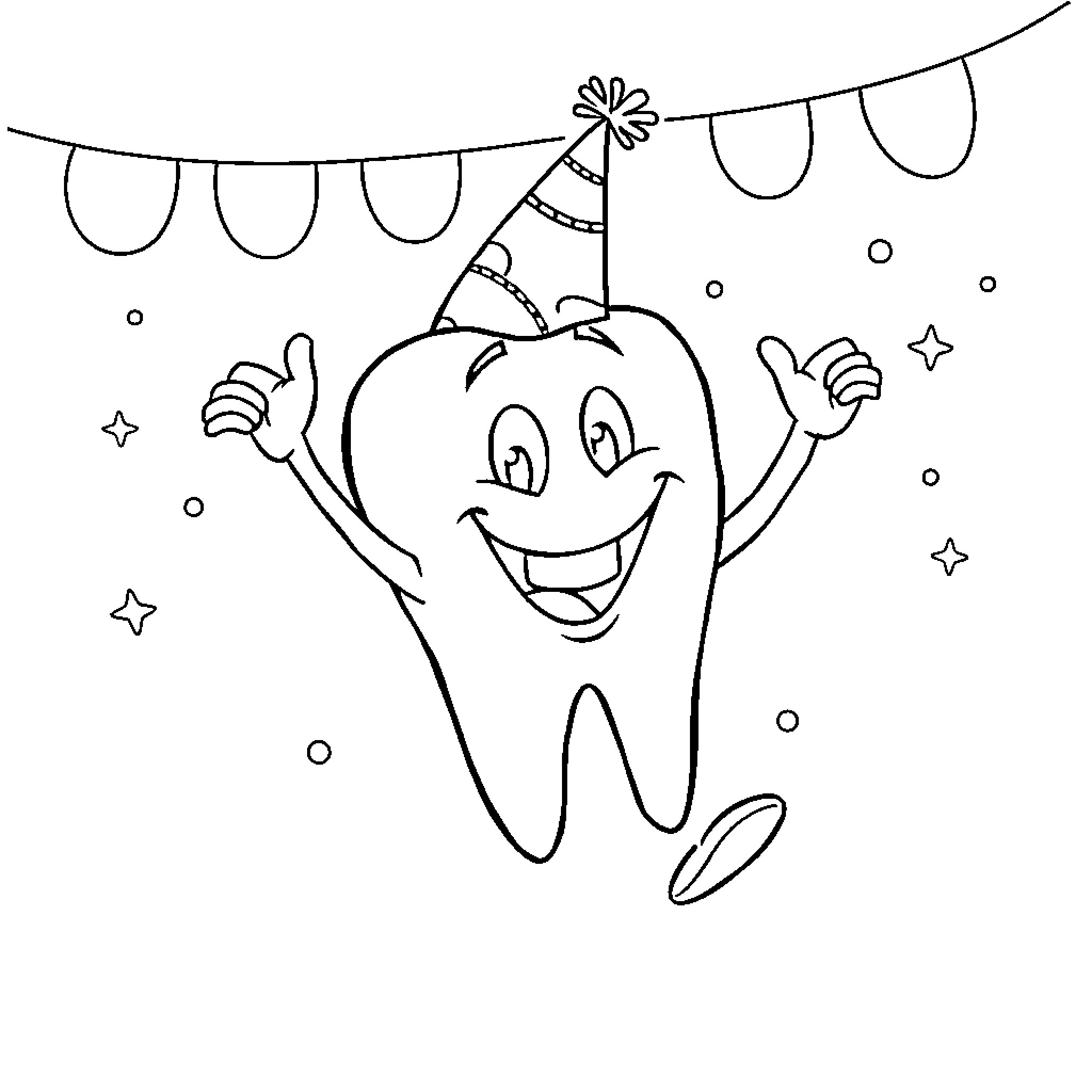 Tooth celebrating with party hat and stars Coloring Page (free black-and-white line drawing printable PDF for all, from beginners to advanced learners, including children, teens, adults, and seniors)