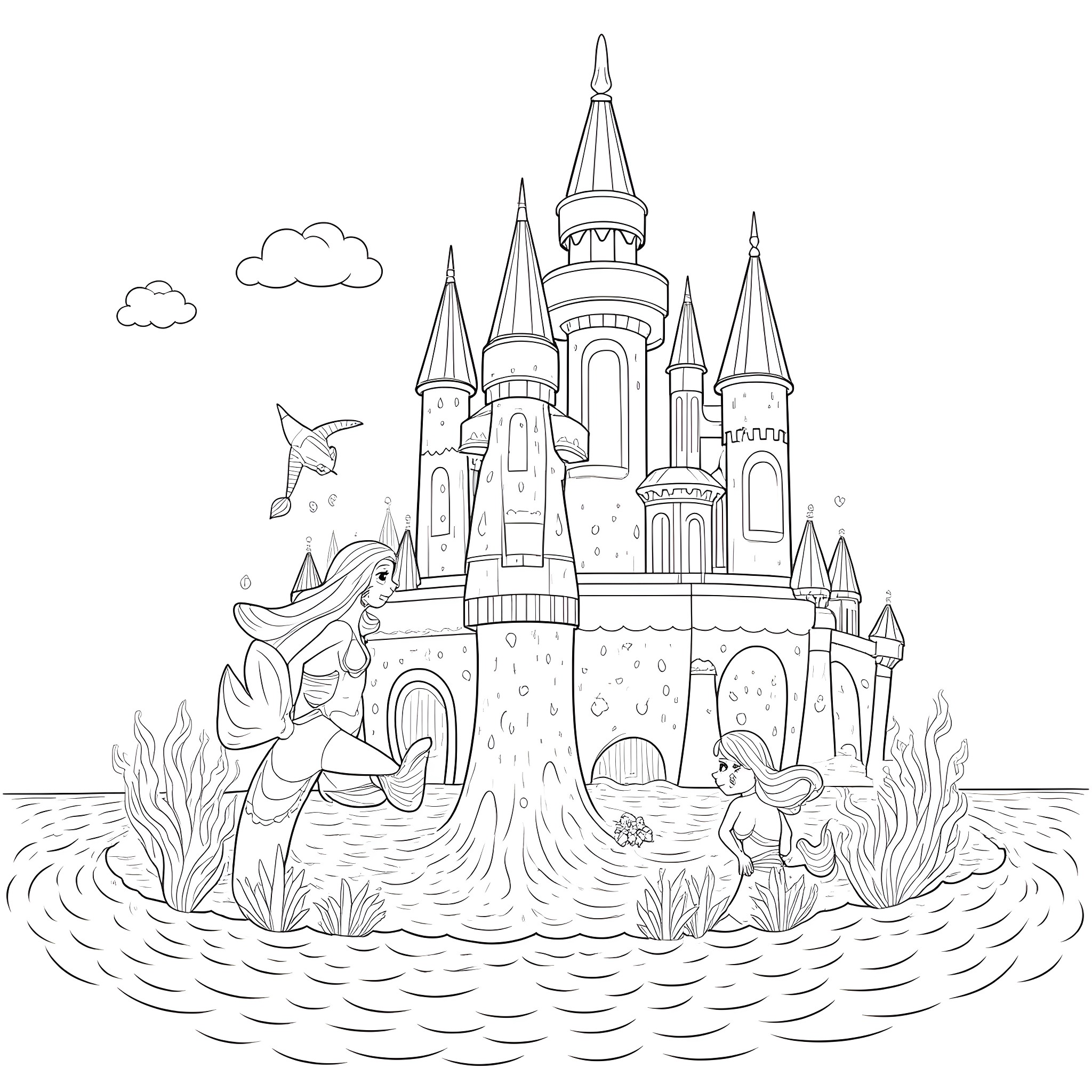 Mermaid Playing Near Enchanted Castle by the Sea Coloring Page (free black-and-white line drawing printable PDF for all, from beginners to advanced learners, including children, teens, adults, and seniors)