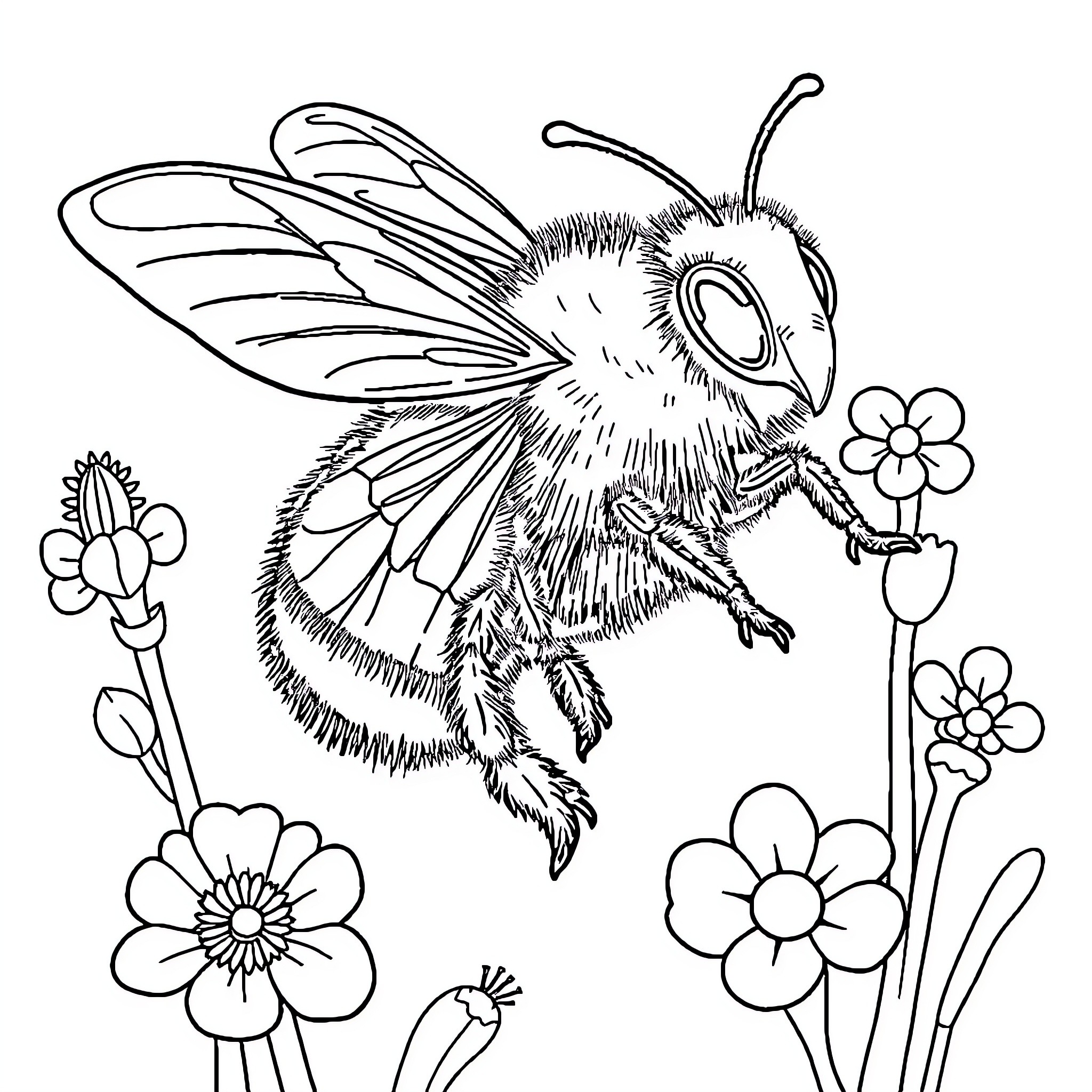 Bee gathering nectar from flowers Coloring Page (free black-and-white line drawing printable PDF for all, from beginners to advanced learners, including children, teens, adults, and seniors)