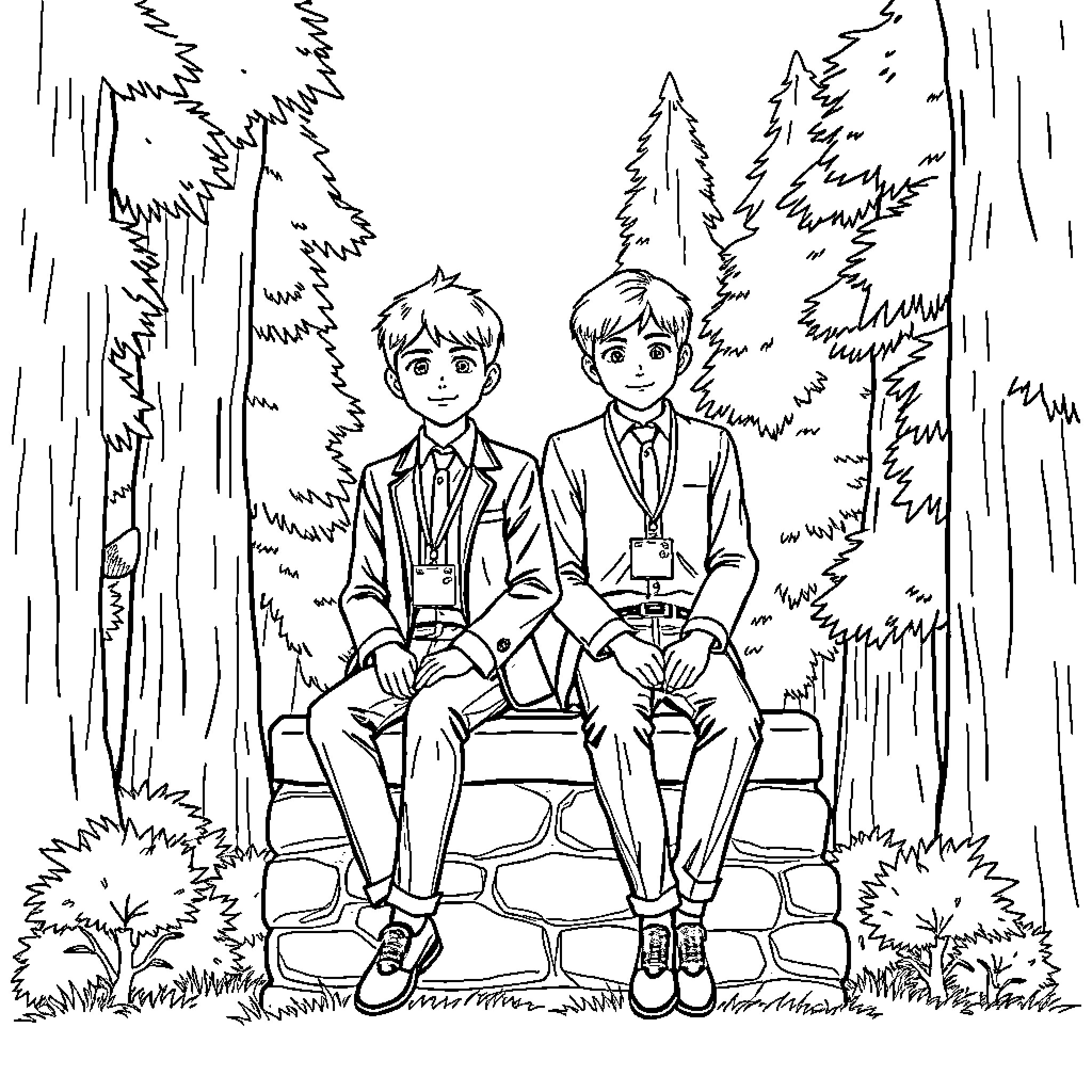 Boy Scouts Enjoying Nature's Tranquility Coloring Page (free black-and-white line drawing printable PDF for all, from beginners to advanced learners, including children, teens, adults, and seniors)