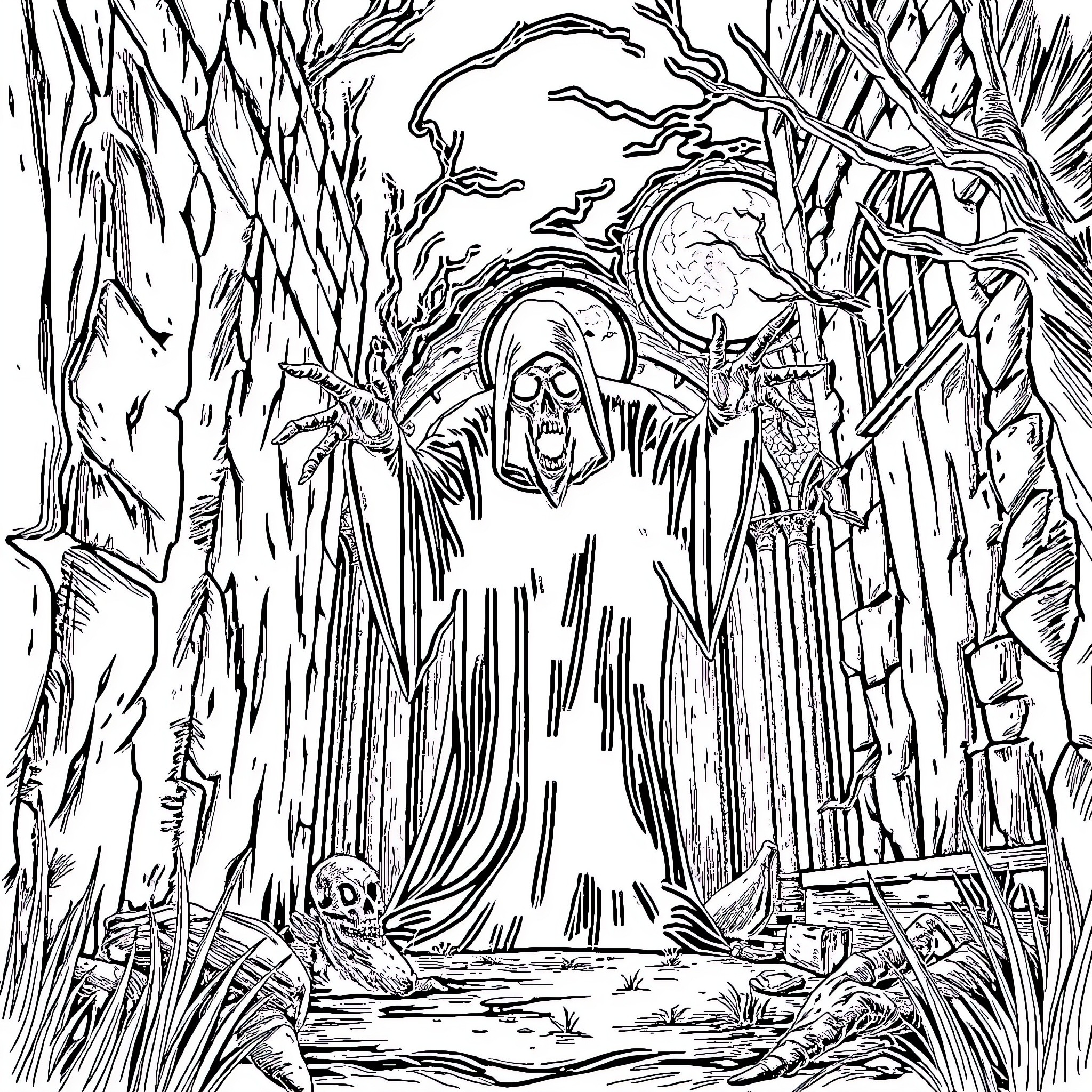 Horror Figures in Haunting Woodland Landscape Coloring Page (free black-and-white line drawing printable PDF for all, from beginners to advanced learners, including children, teens, adults, and seniors)