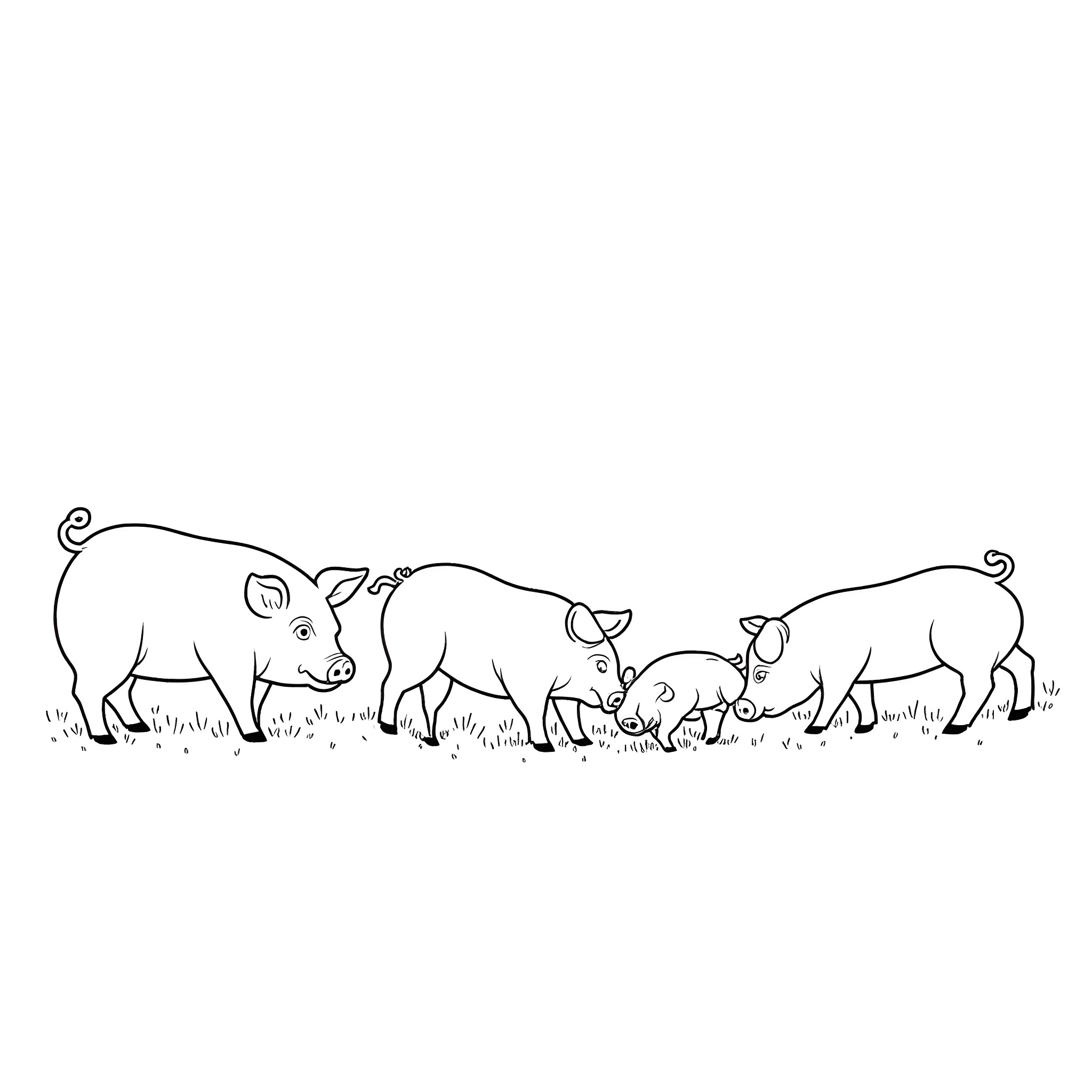Pigs roaming in the field with their piglets Coloring Page (free black-and-white line drawing printable PDF for all, from beginners to advanced learners, including children, teens, adults, and seniors)