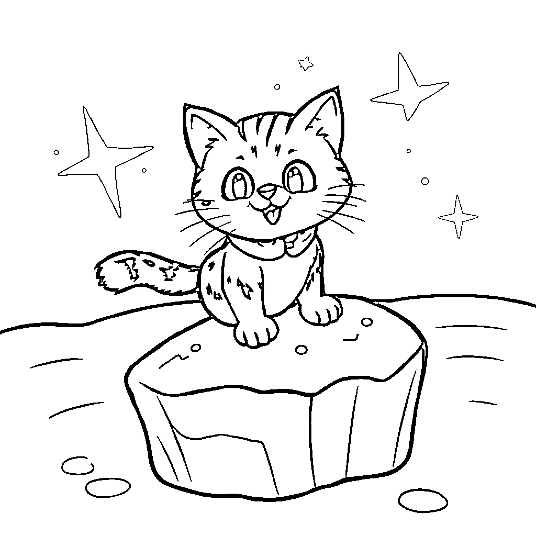 Bitsy the Playful Kitten in the Starry Night Coloring Page (free black-and-white line drawing printable PDF for all, from beginners to advanced learners, including children, teens, adults, and seniors)