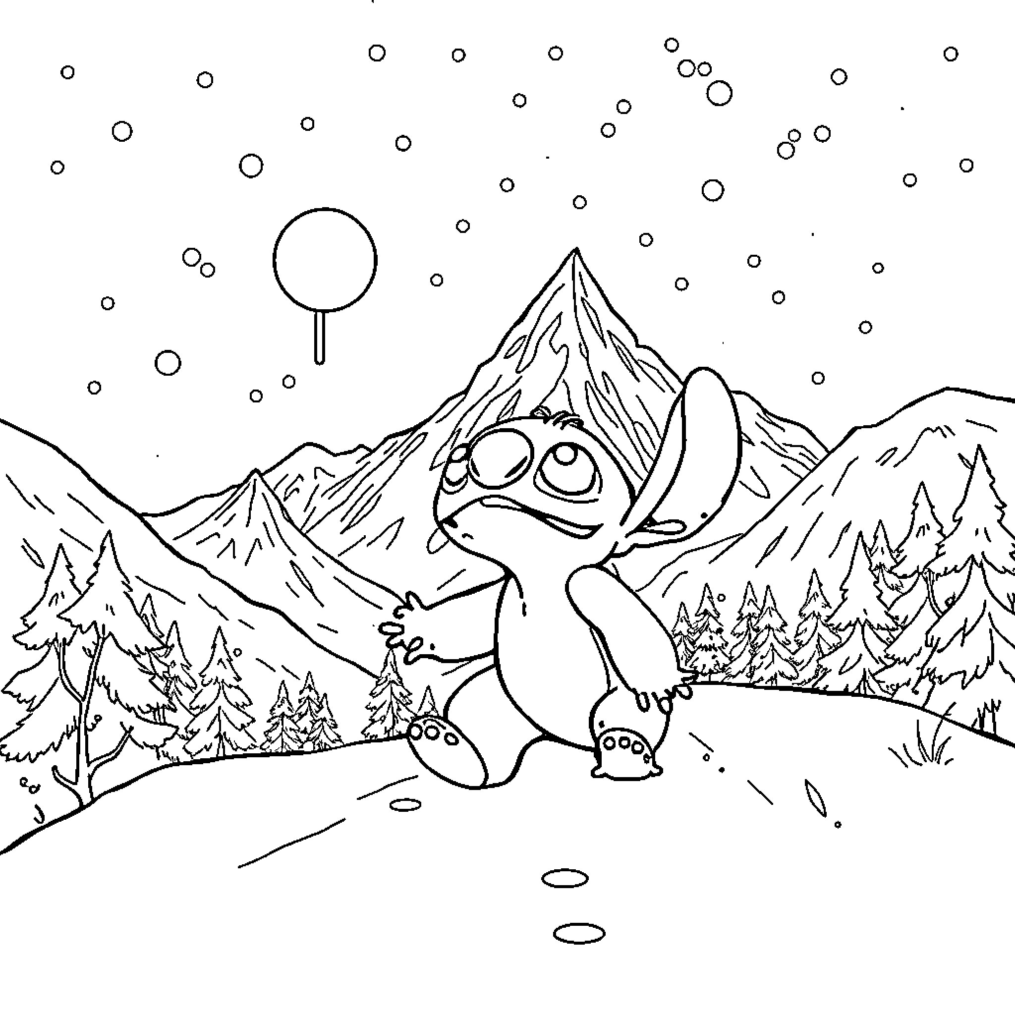 Stitch exploring the snowy mountain landscape Coloring Page (free black-and-white line drawing printable PDF for all, from beginners to advanced learners, including children, teens, adults, and seniors)
