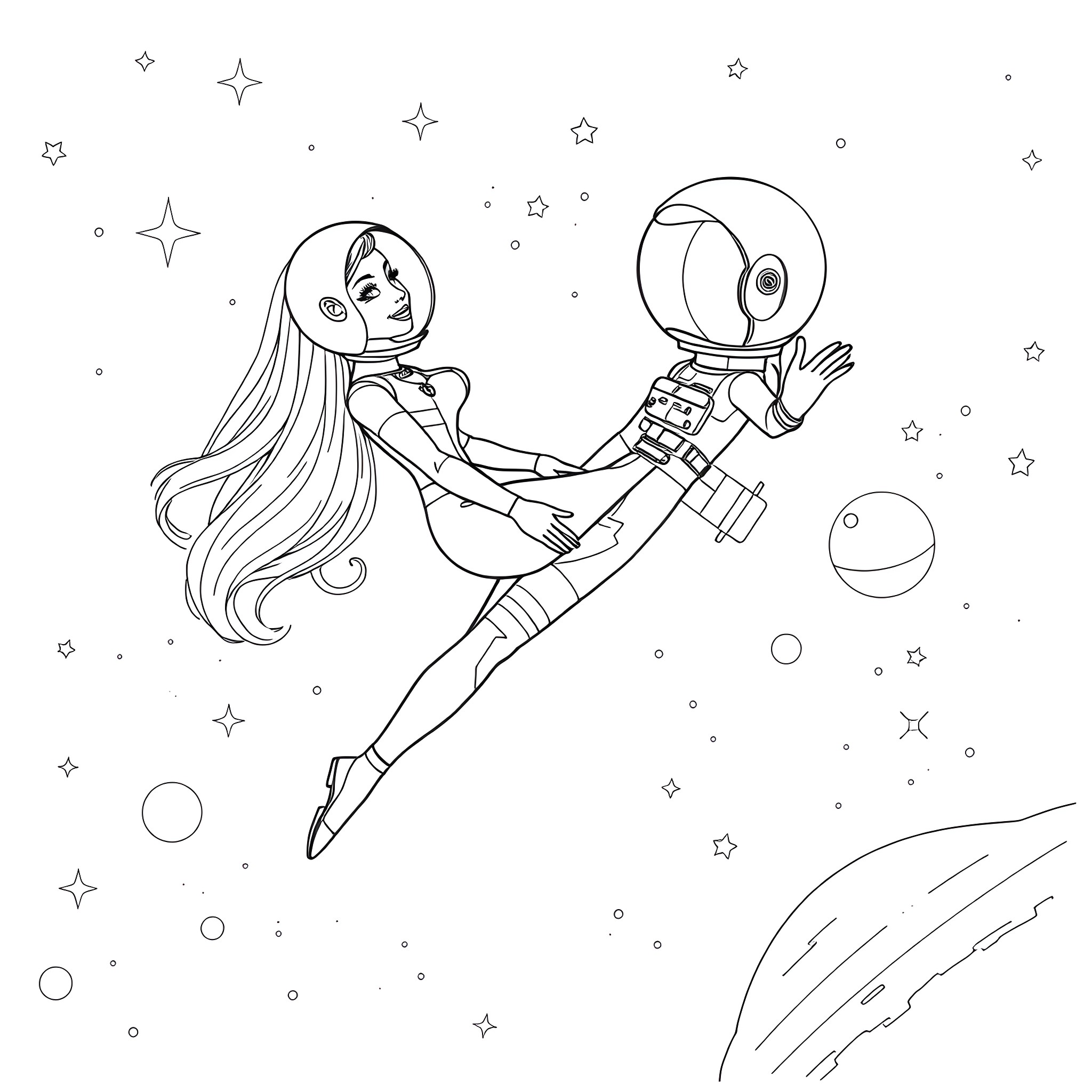 Astronaut exploring the cosmos with a female companion Coloring Page (free black-and-white line drawing printable PDF for all, from beginners to advanced learners, including children, teens, adults, and seniors)
