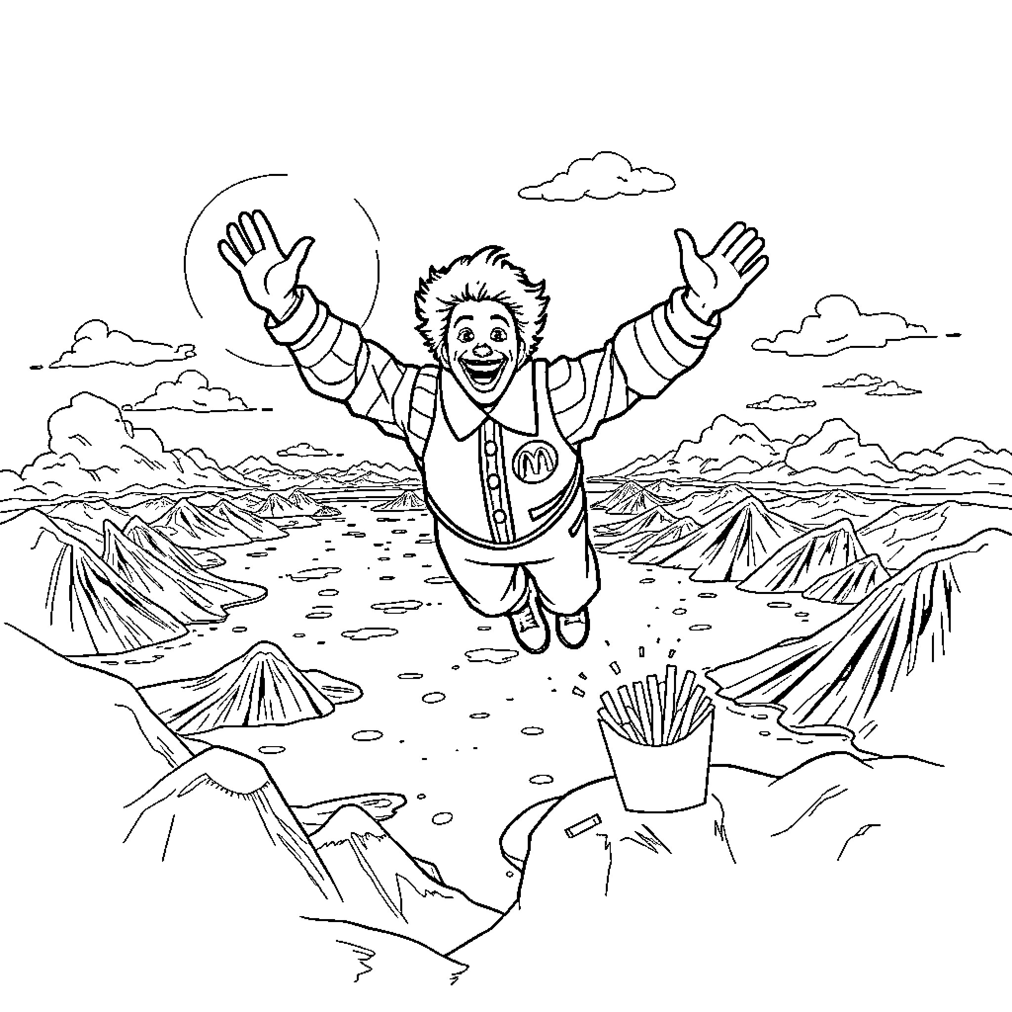 Ronald McDonald enjoying the outdoors in a scenic landscape Coloring Page (free black-and-white line drawing printable PDF for all, from beginners to advanced learners, including children, teens, adults, and seniors)