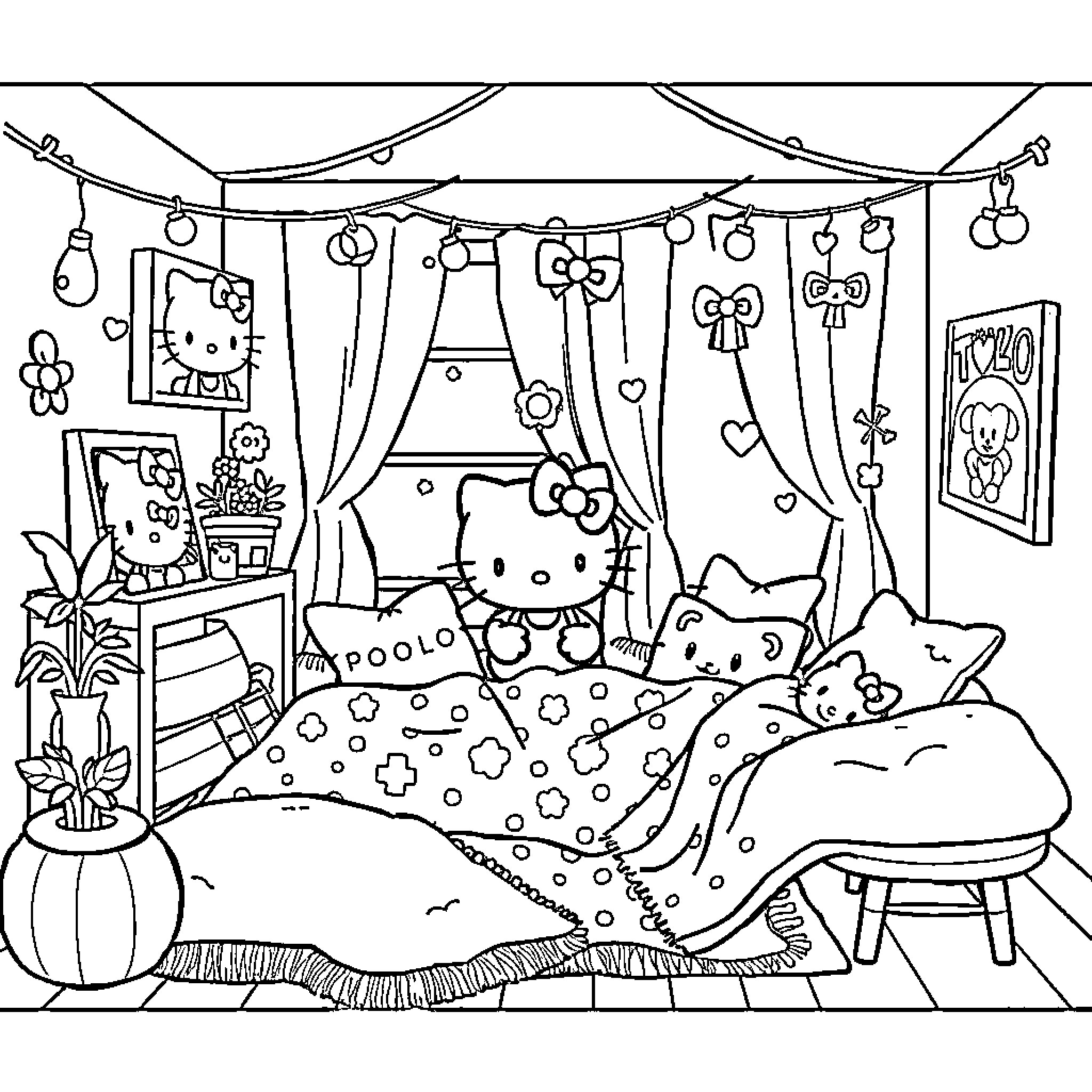 Hello Kitty's Cozy Bedroom Escape Coloring Page (free black-and-white line drawing printable PDF for all, from beginners to advanced learners, including children, teens, adults, and seniors)