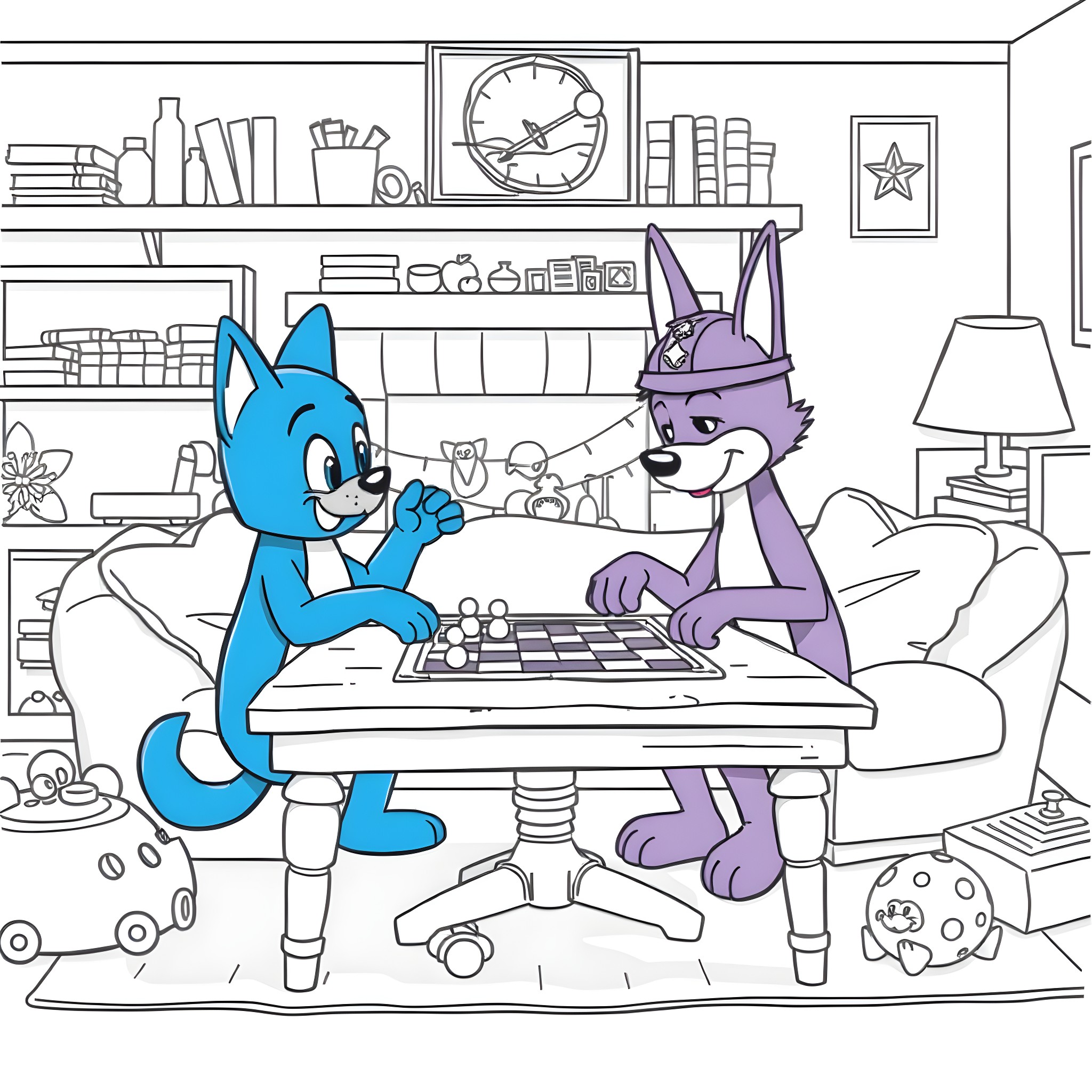 Bluey and Bingo Playing Chess at Home Coloring Page (free black-and-white line drawing printable PDF for all, from beginners to advanced learners, including children, teens, adults, and seniors)