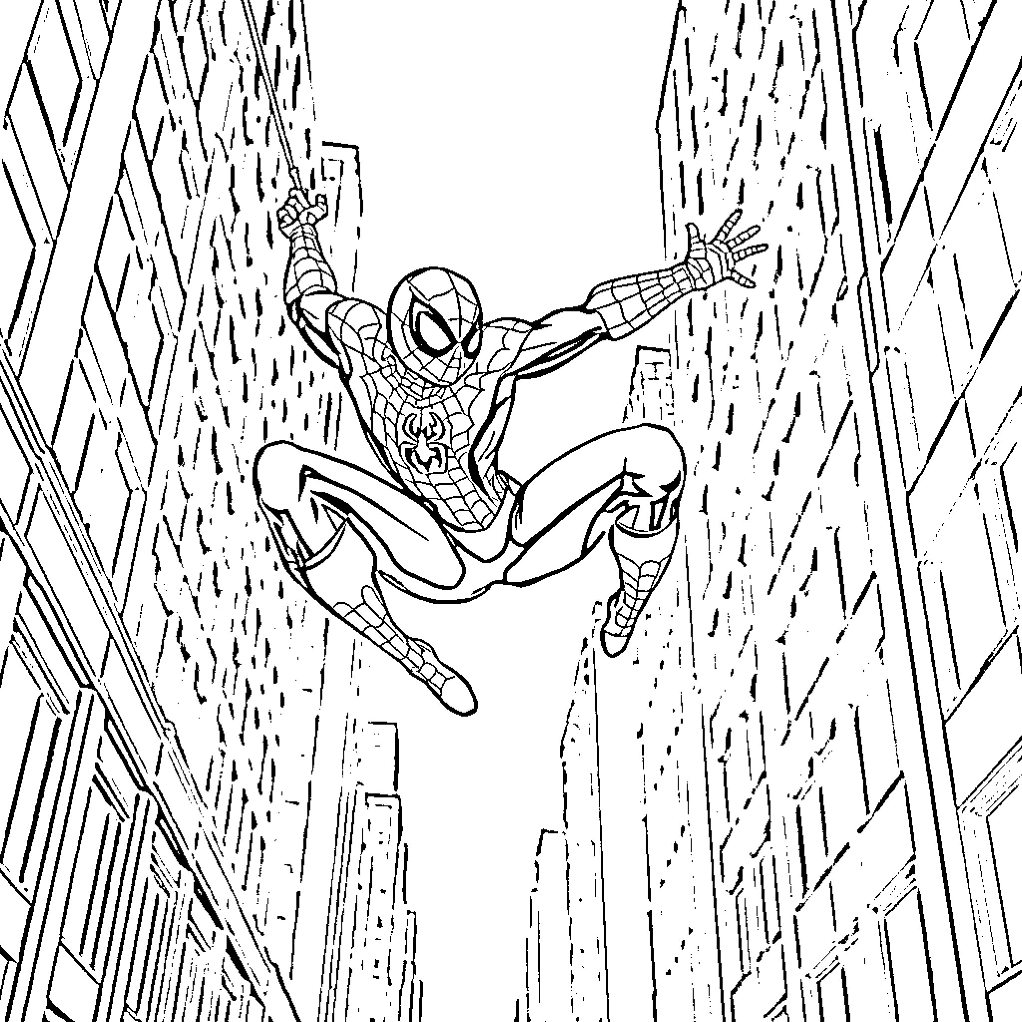 Spiderman swinging through the city streets Coloring Page (free black-and-white line drawing printable PDF for all, from beginners to advanced learners, including children, teens, adults, and seniors)