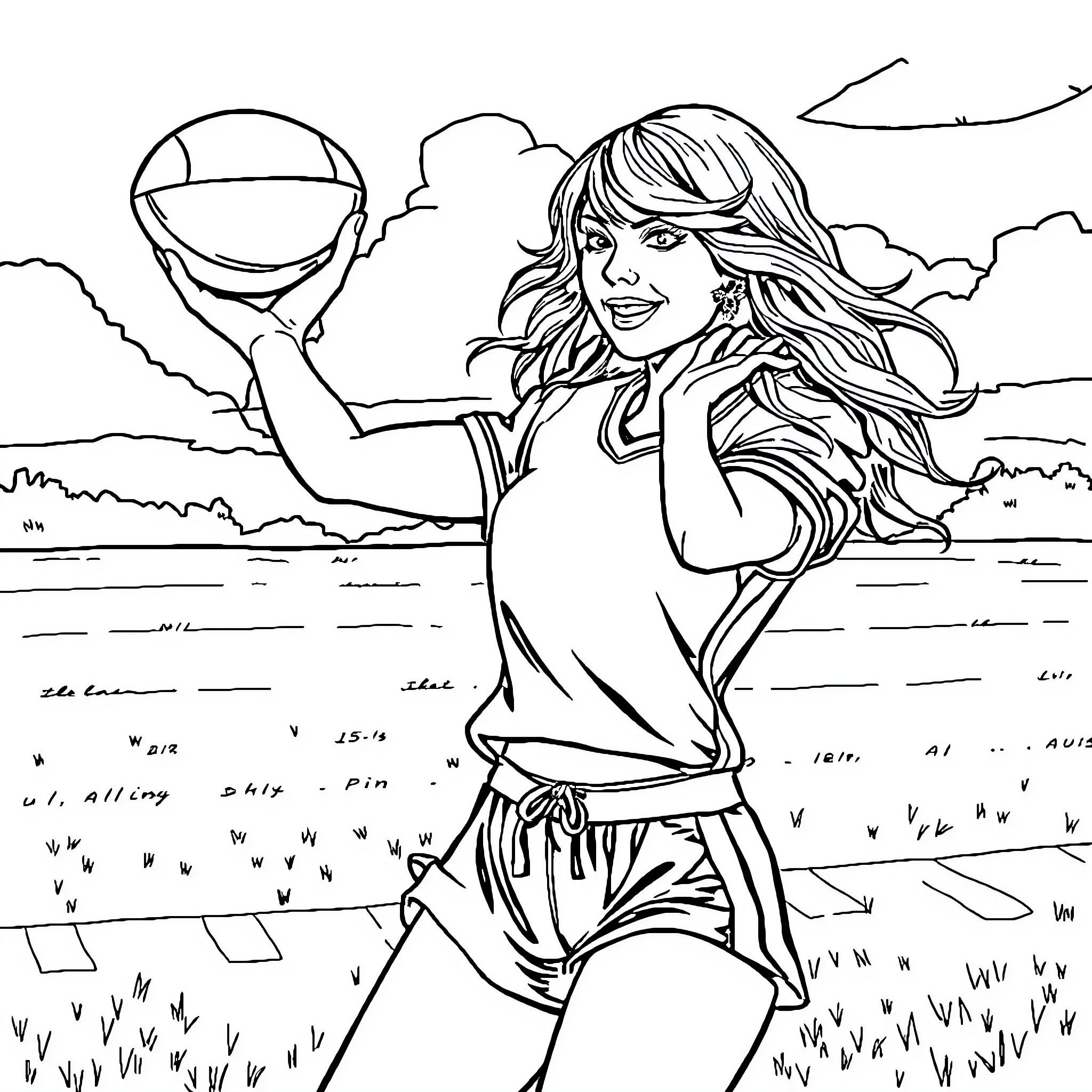 Taylor Swift Enjoying Outdoors with Balloon Coloring Page (free black-and-white line drawing printable PDF for all, from beginners to advanced learners, including children, teens, adults, and seniors)