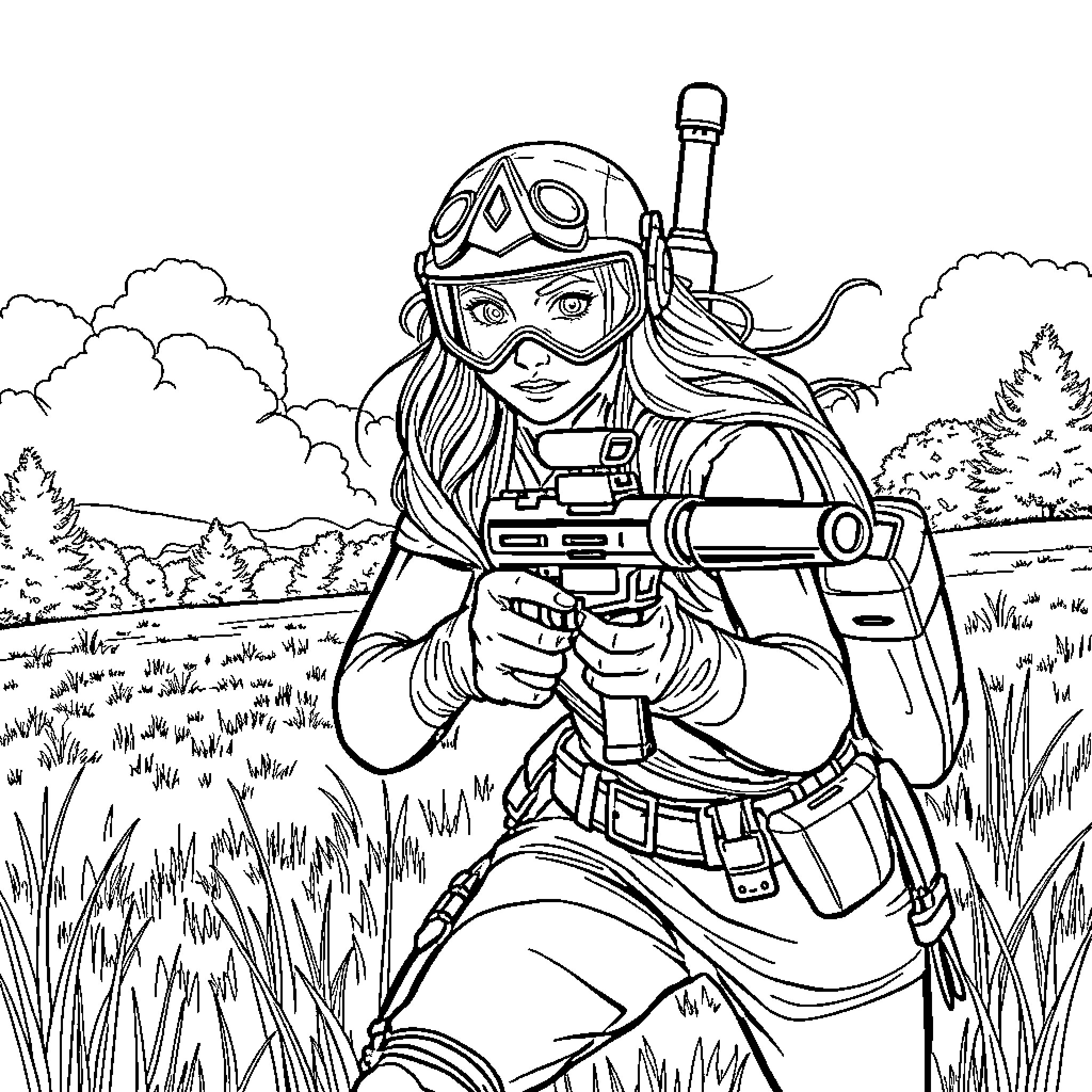 Artemis Adventurer Explores the Wilderness Coloring Page (free black-and-white line drawing printable PDF for all, from beginners to advanced learners, including children, teens, adults, and seniors)