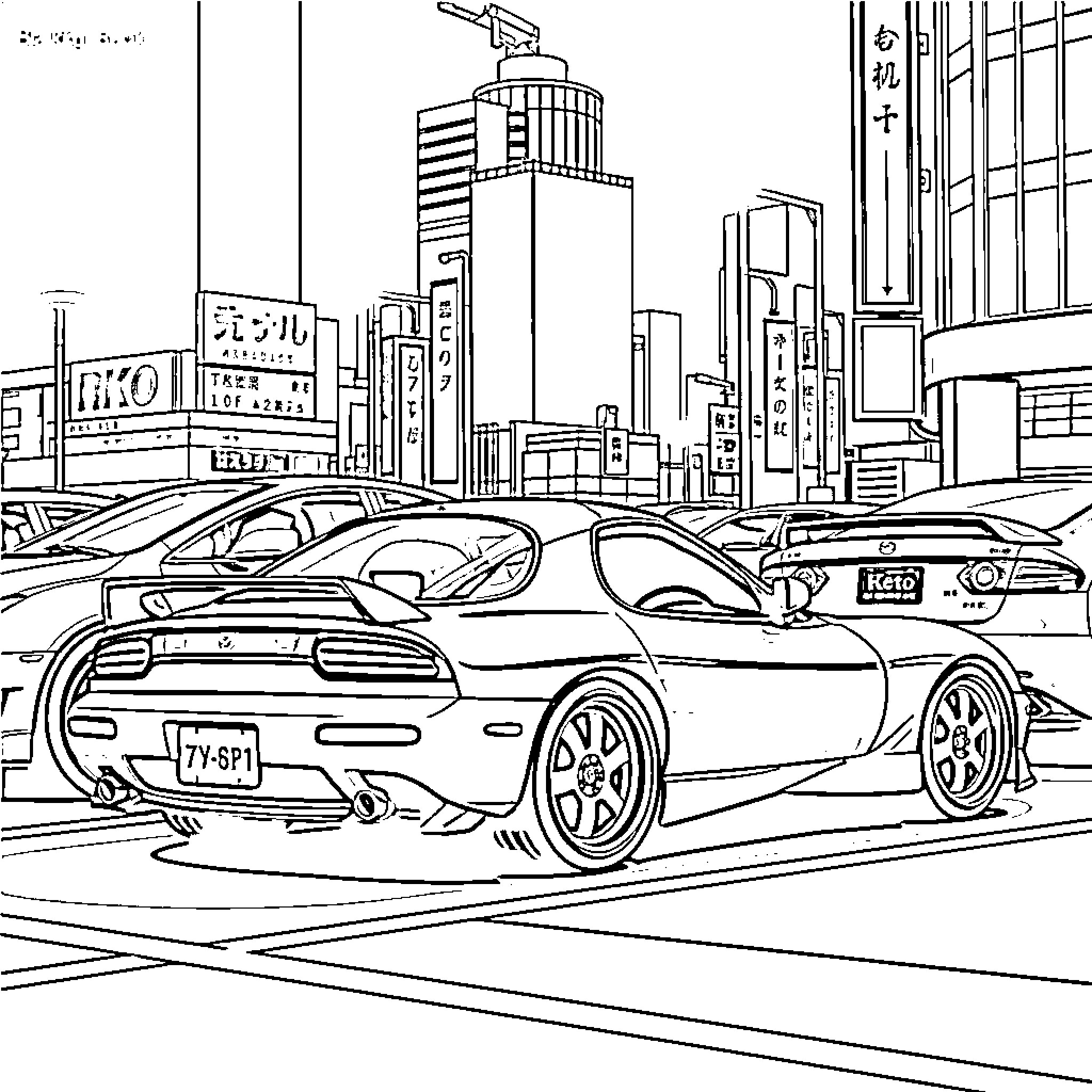 Mazda RX7 in a bustling city scene Coloring Page (free black-and-white line drawing printable PDF for all, from beginners to advanced learners, including children, teens, adults, and seniors)
