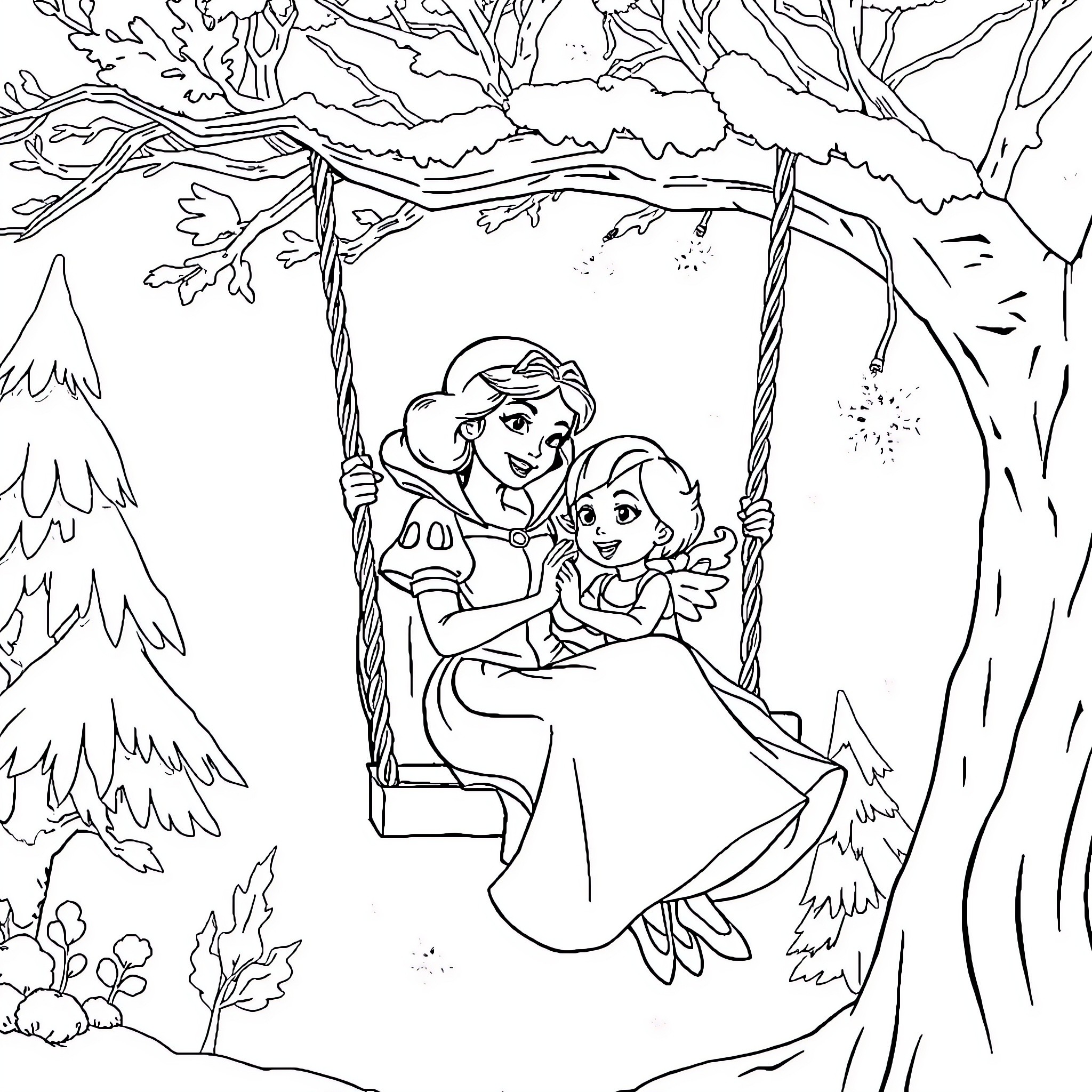 Snow White and child on a swing in forest Coloring Page (free black-and-white line drawing printable PDF for all, from beginners to advanced learners, including children, teens, adults, and seniors)