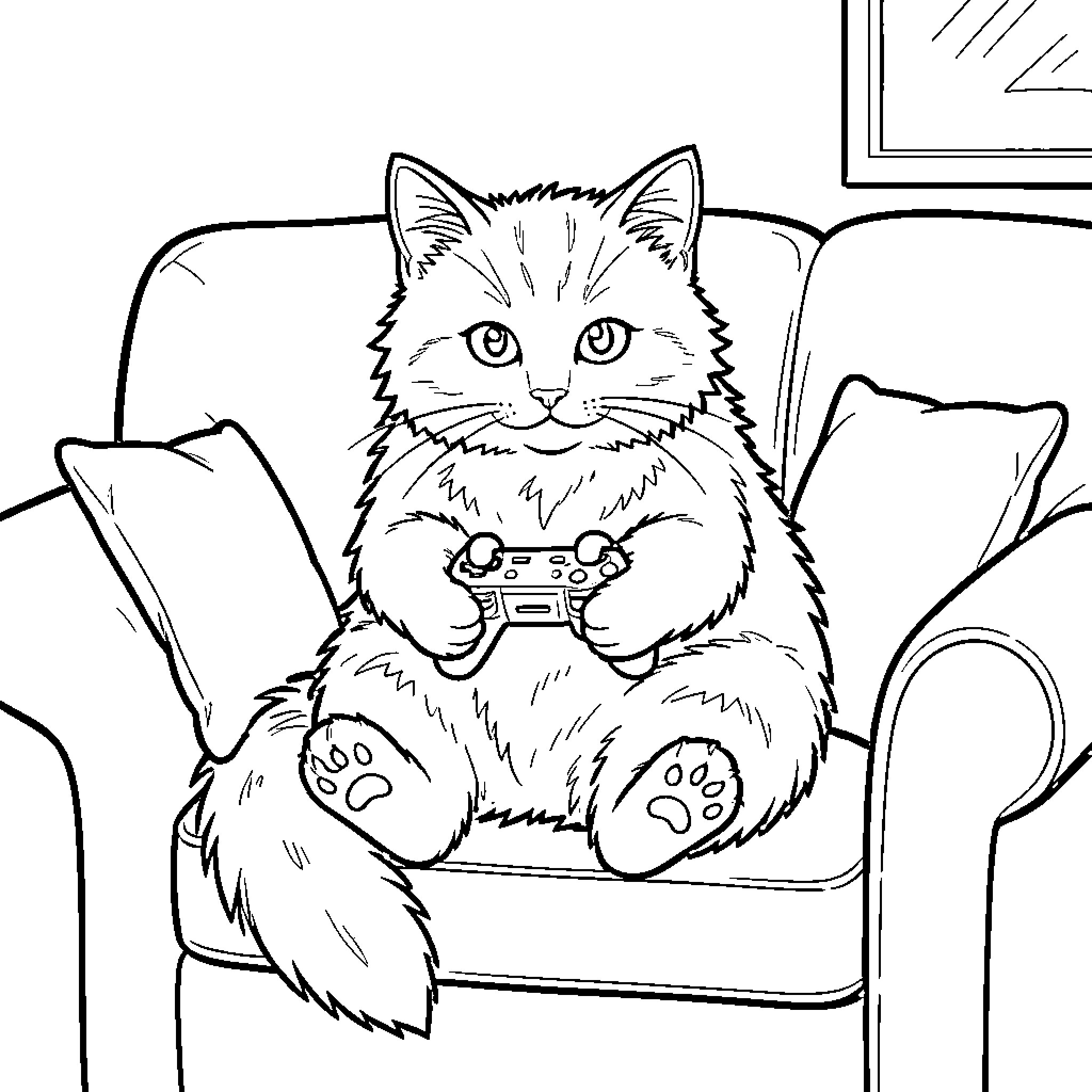 Cat playing video games on couch Coloring Page (free black-and-white line drawing printable PDF for all, from beginners to advanced learners, including children, teens, adults, and seniors)