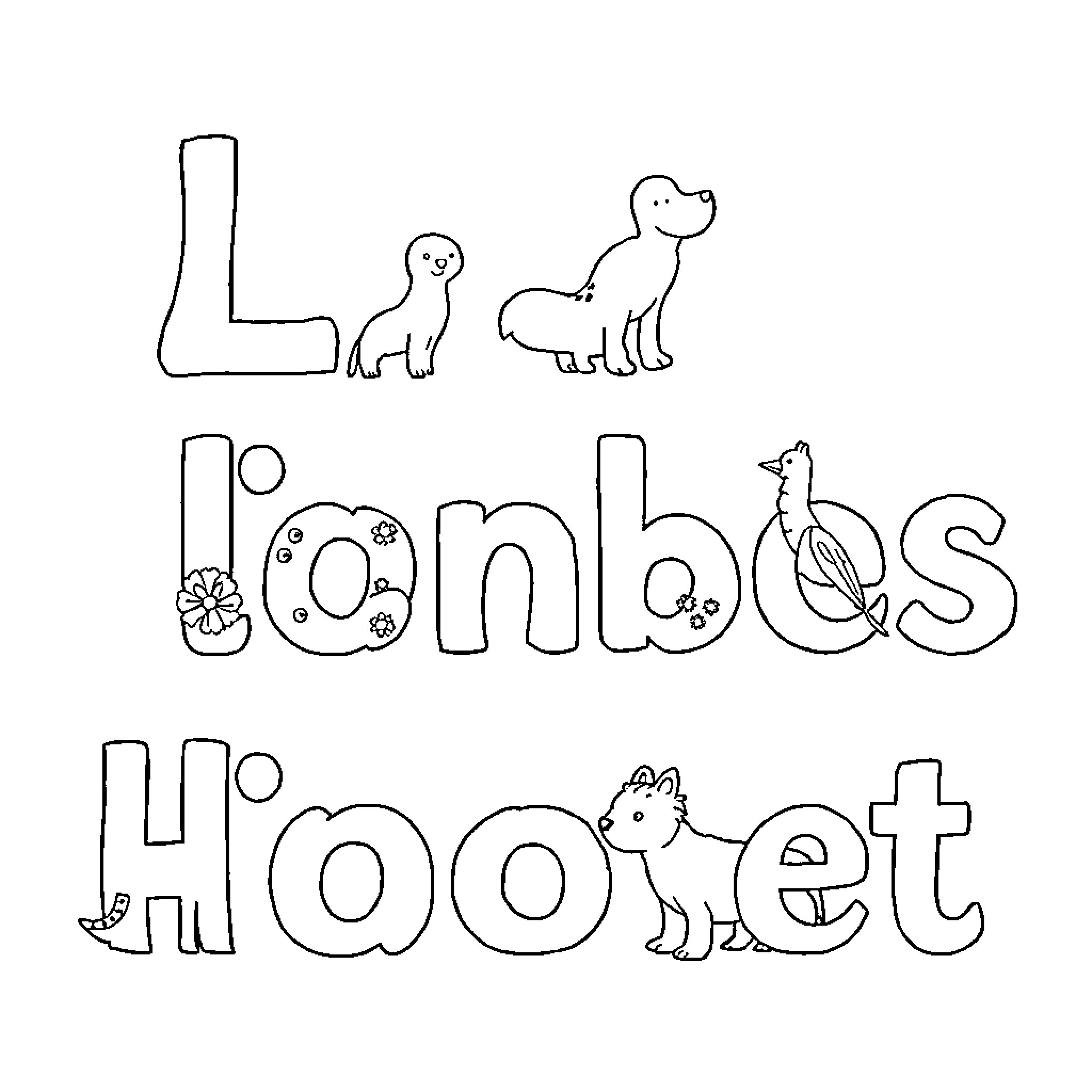 Alphabet Animals Doodle Illustrated Coloring Page (free black-and-white line drawing printable PDF for all, from beginners to advanced learners, including children, teens, adults, and seniors)