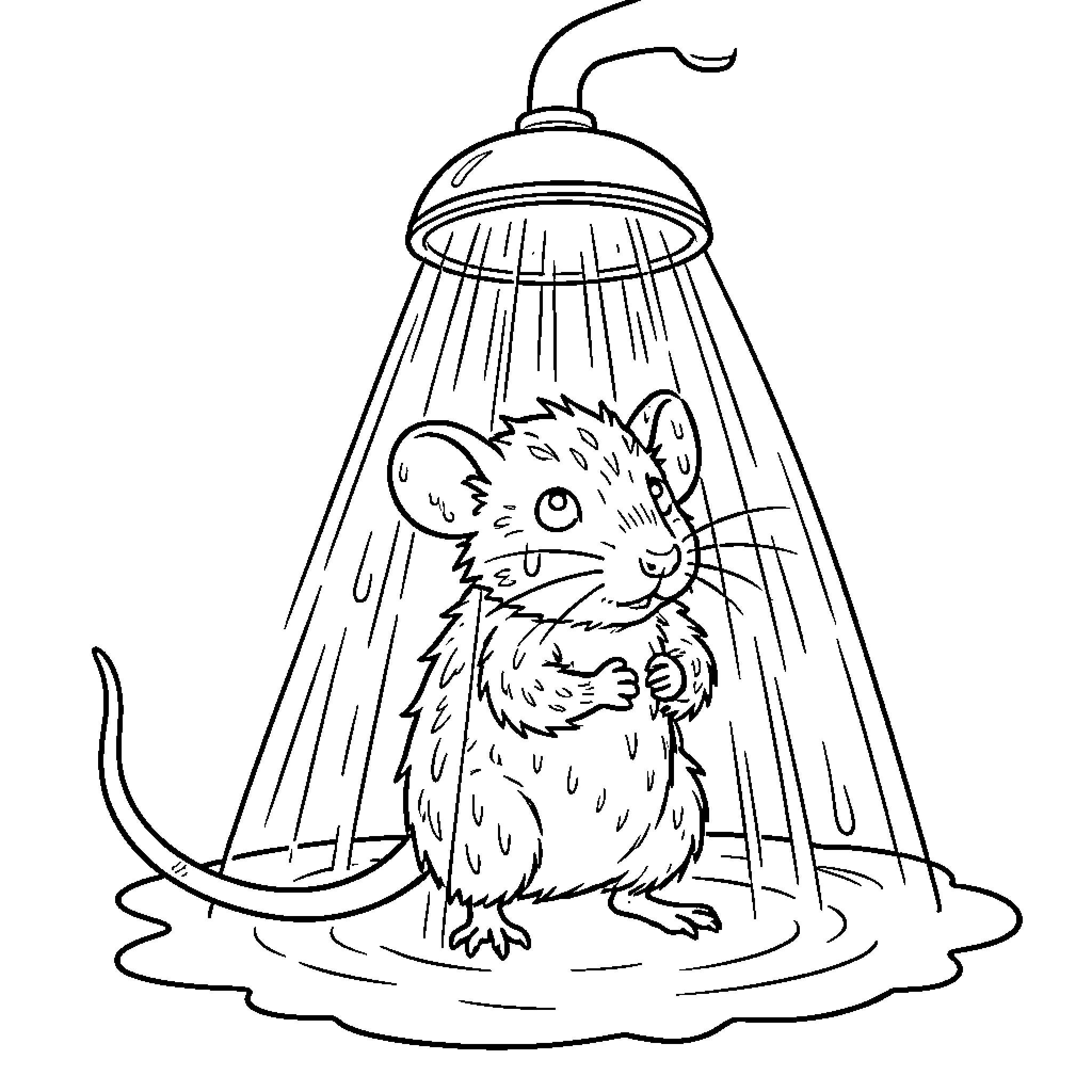 Rata taking a shower under the sprinkler Coloring Page (free black-and-white line drawing printable PDF for all, from beginners to advanced learners, including children, teens, adults, and seniors)